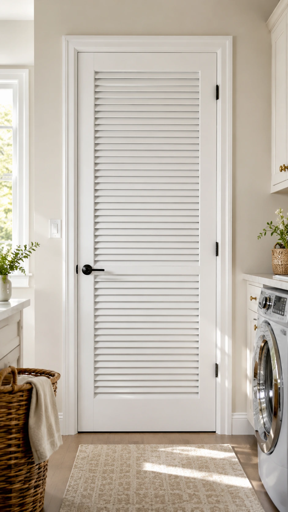 White louver door beside a laundry with a washing machine