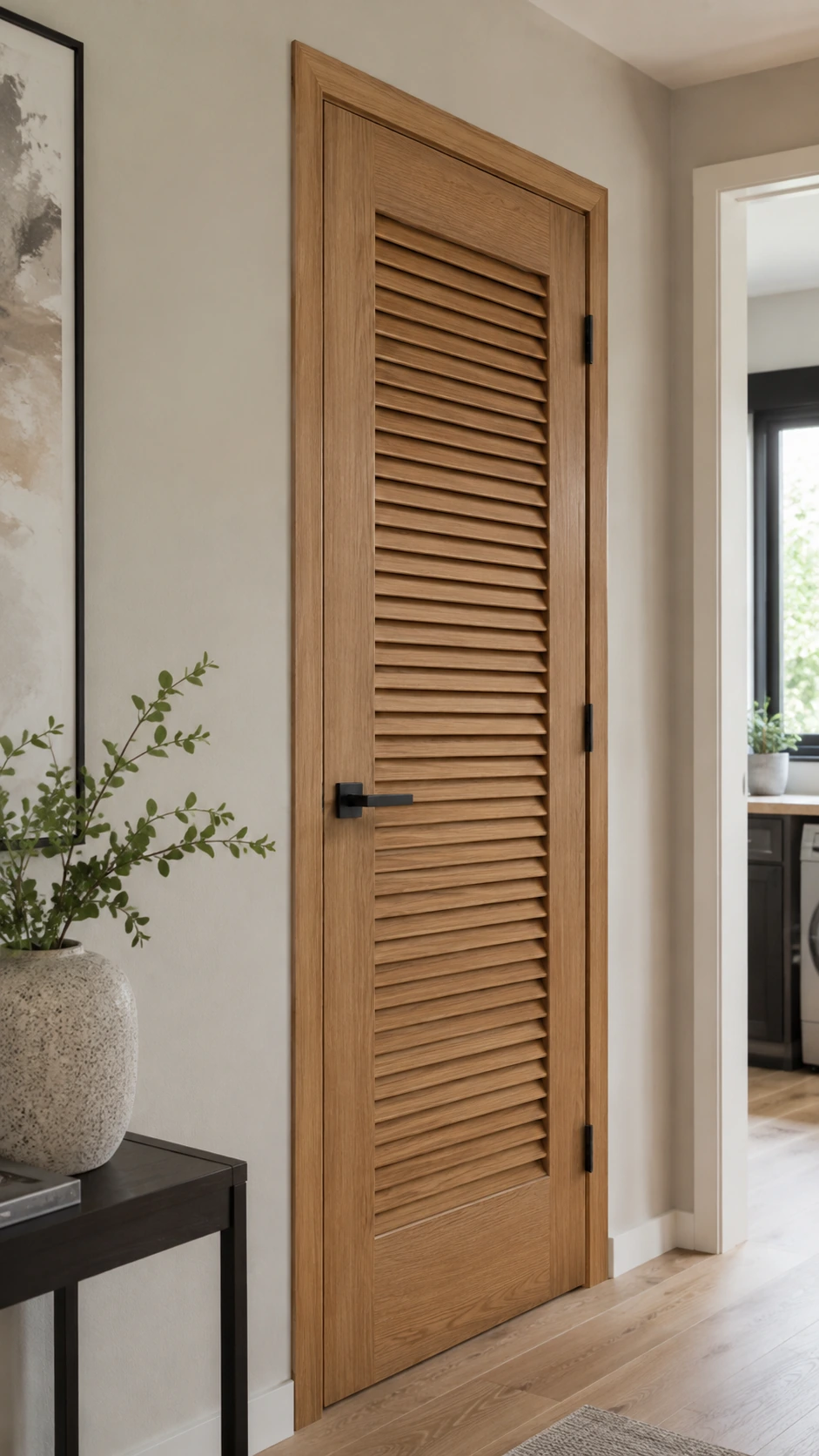 Oak louver door in a hallway beside a console table