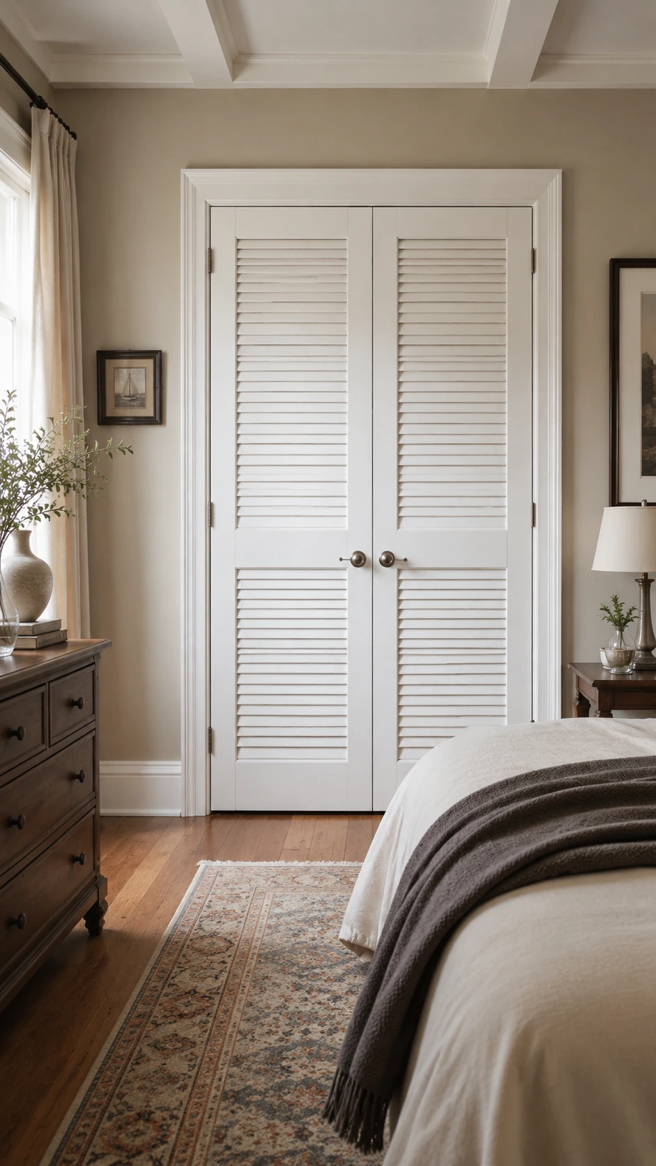 White louvered double closet doors in a bedroom