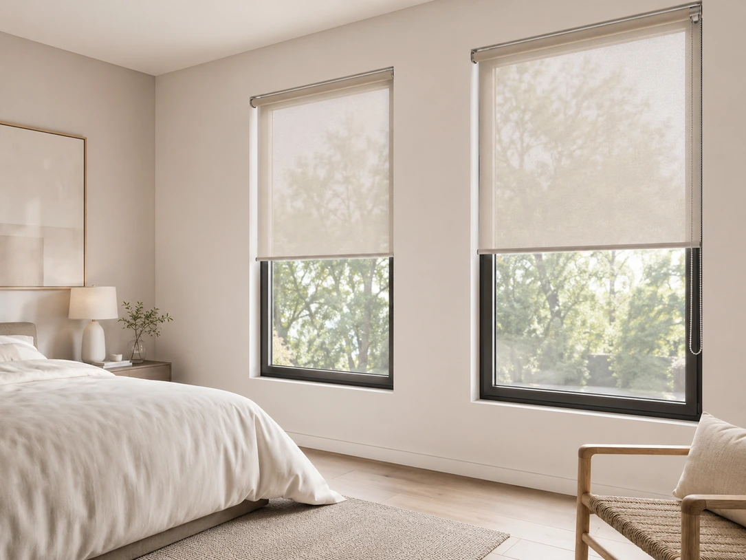Manual roller shades on two bedroom windows