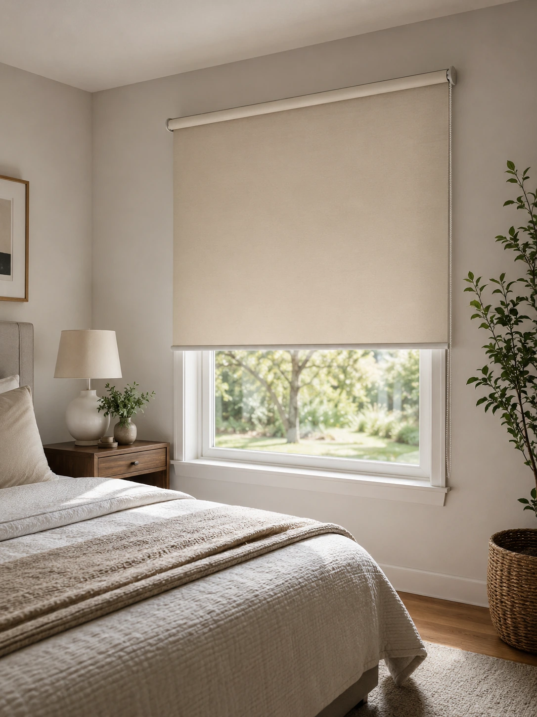 Beige manual roller shade half lowered in a bedroom