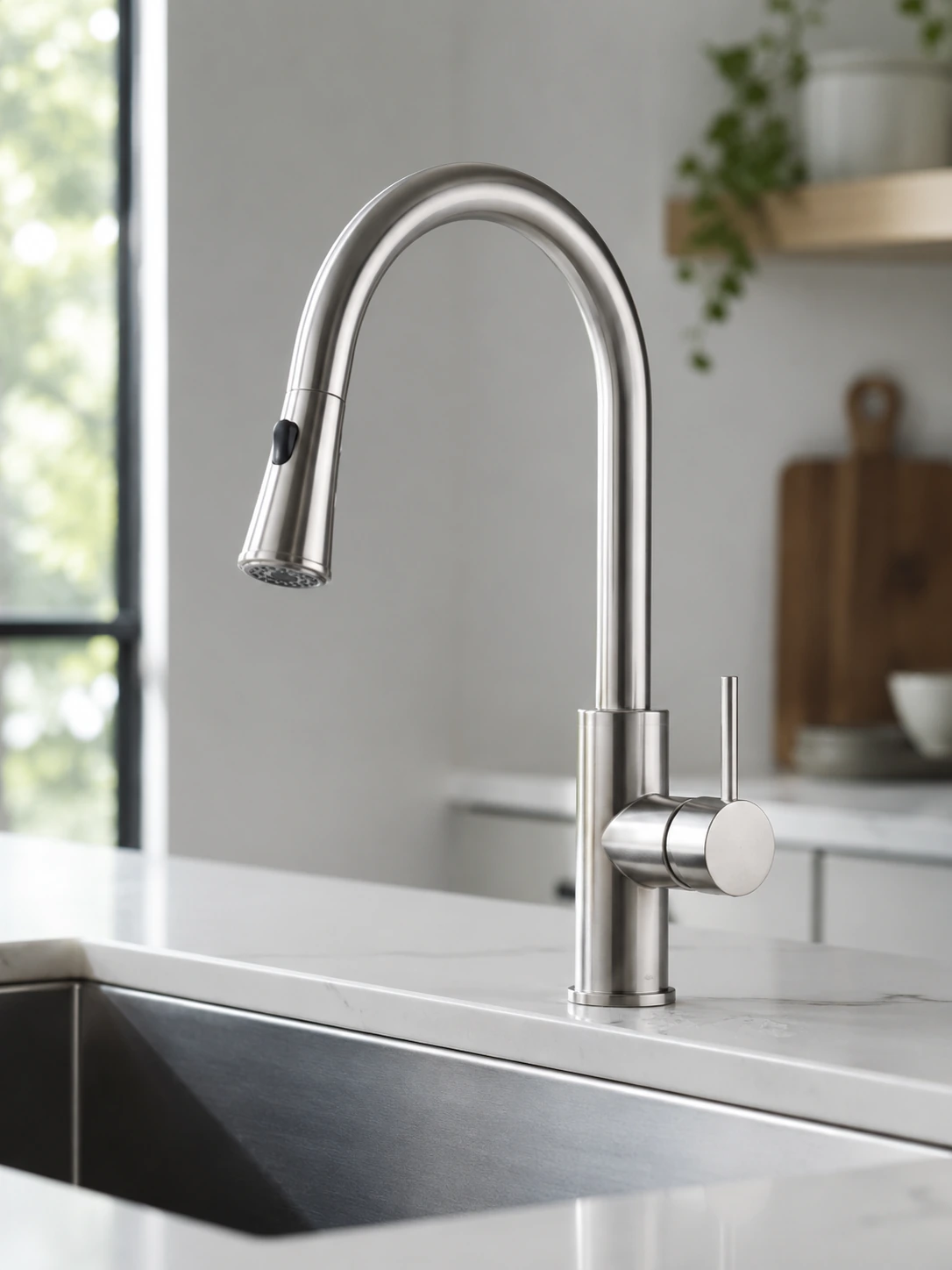 Brushed steel pull-down kitchen faucet over a dark undermount sink