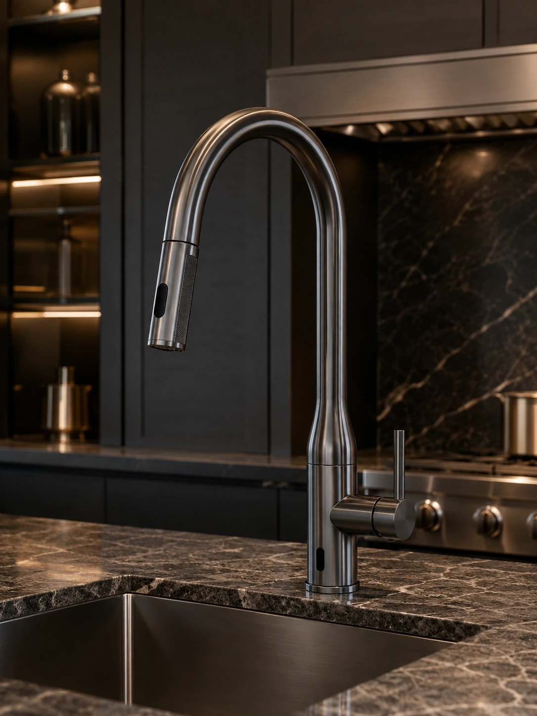 Stainless pull-down faucet above a sink in a dark marble kitchen