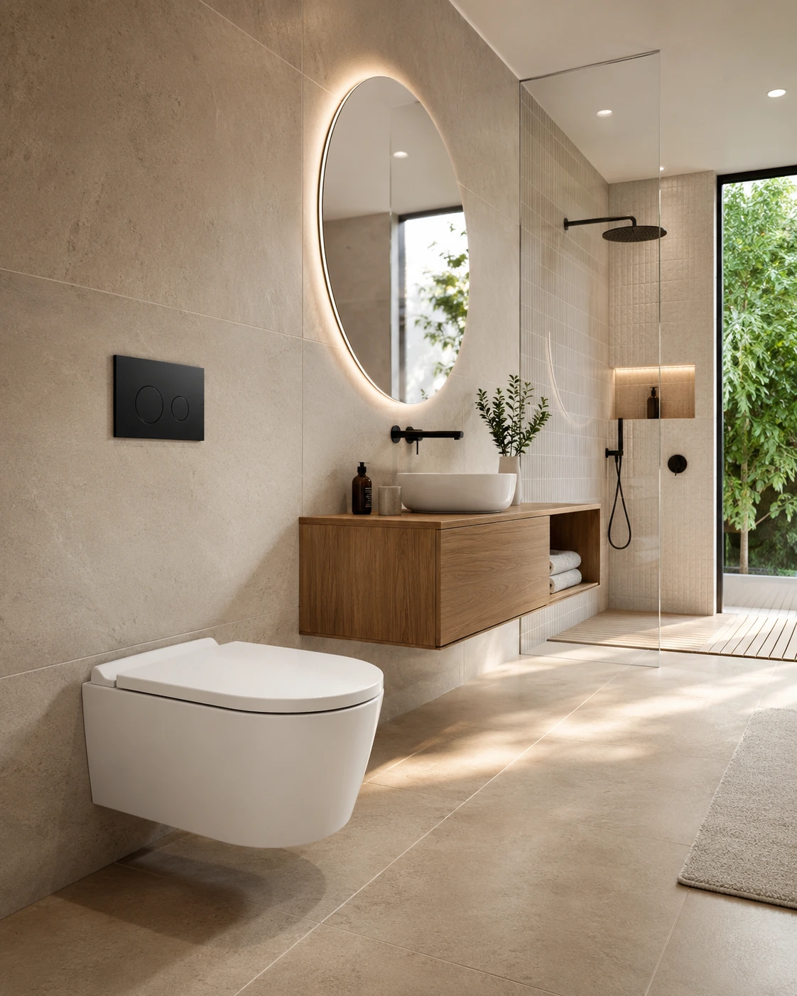 Wall-hung modern toilet in a bright bathroom with a round lit mirror