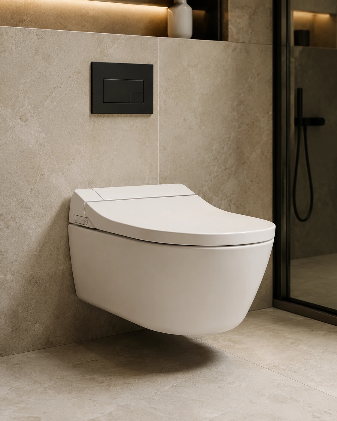 Wall-hung modern toilet beside a glass shower screen