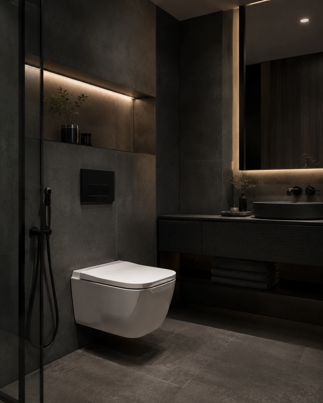 Wall-hung modern toilet in a dark stone bathroom