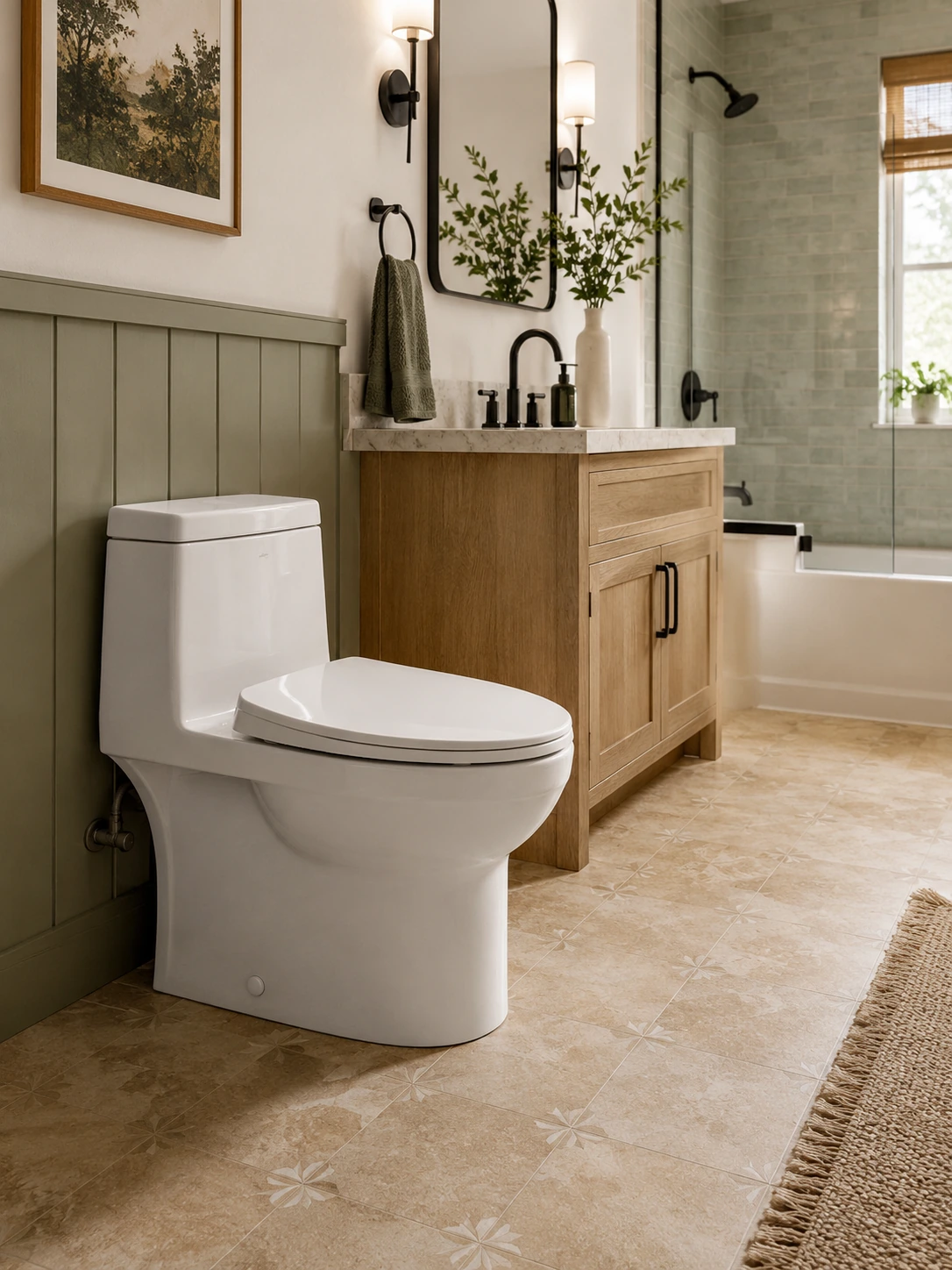 One-piece toilet beside an oak vanity and a bath