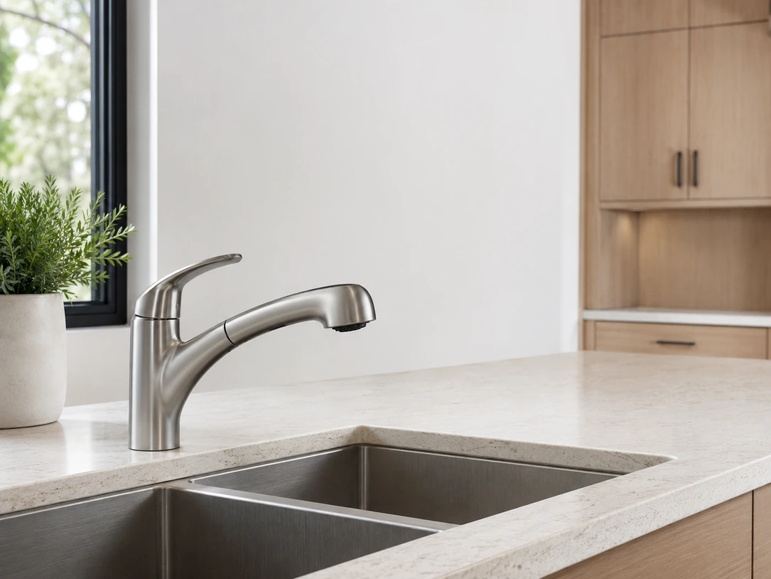Brushed steel pull-out faucet above a double bowl sink