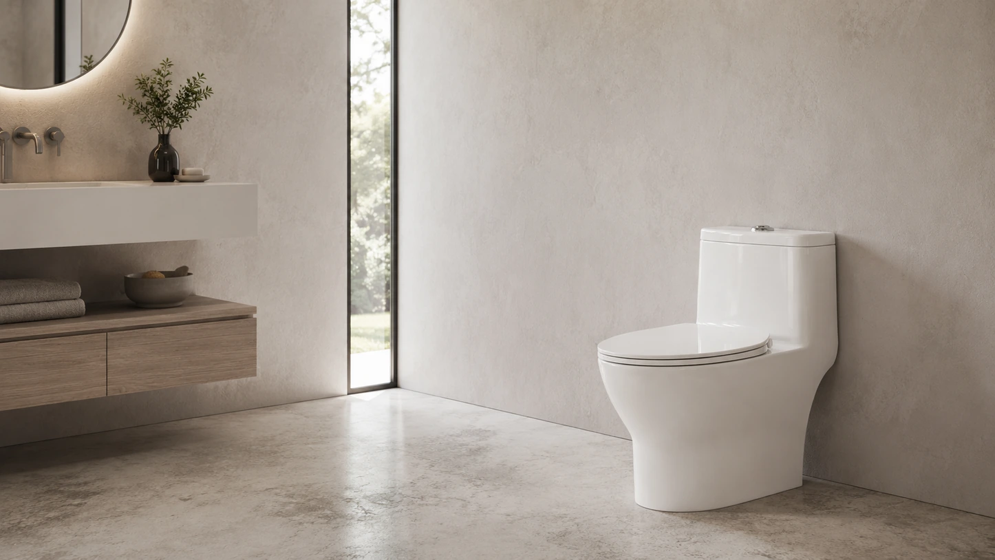 One-piece toilet in a minimal bathroom with a floating vanity