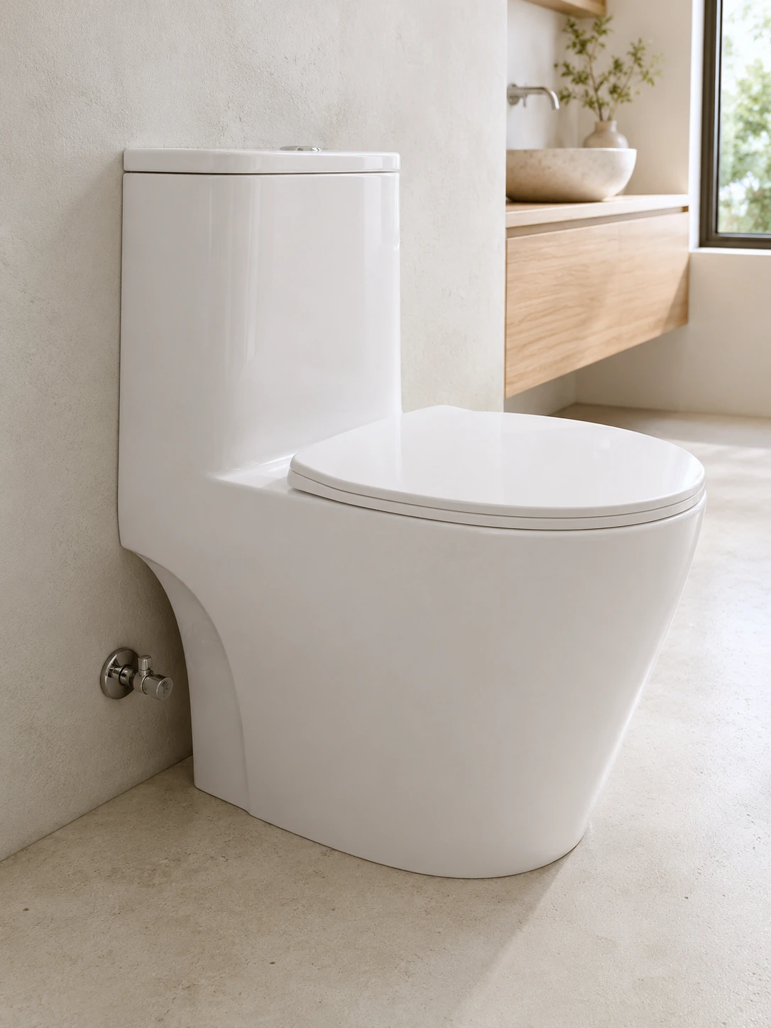 White one-piece toilet in a bright bathroom