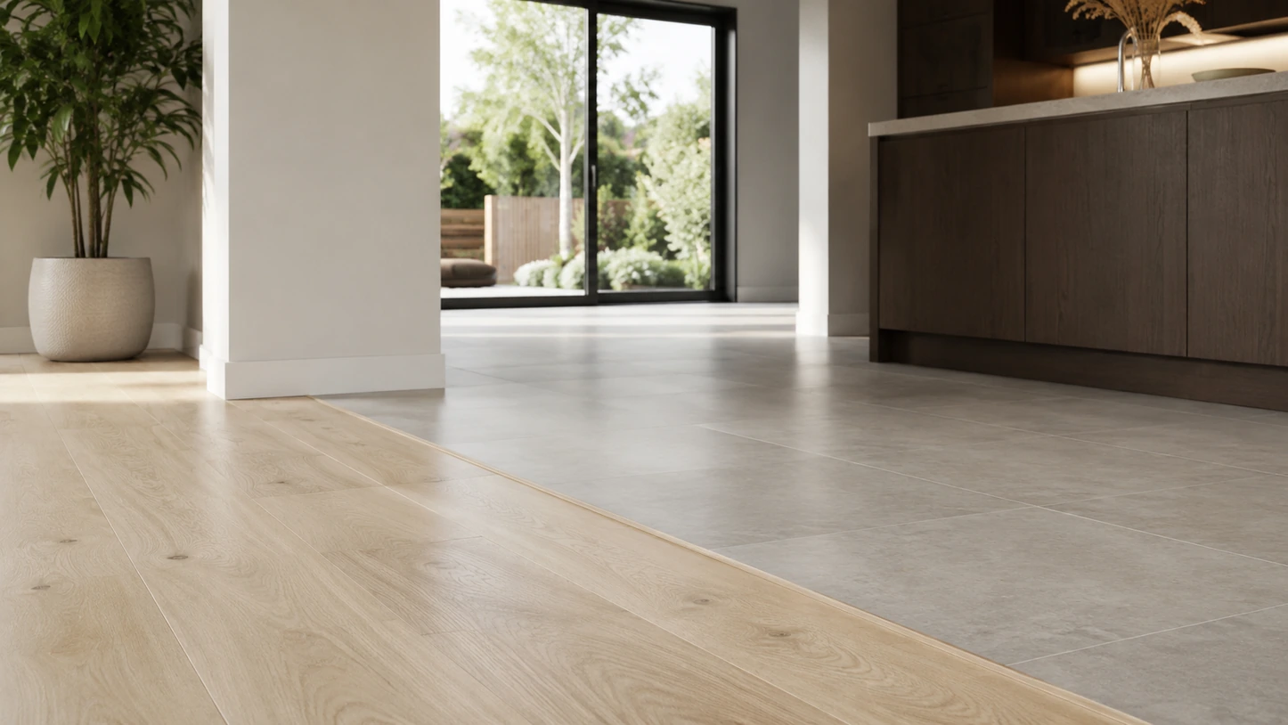 Reducer where wood flooring meets tile in an open-plan interior
