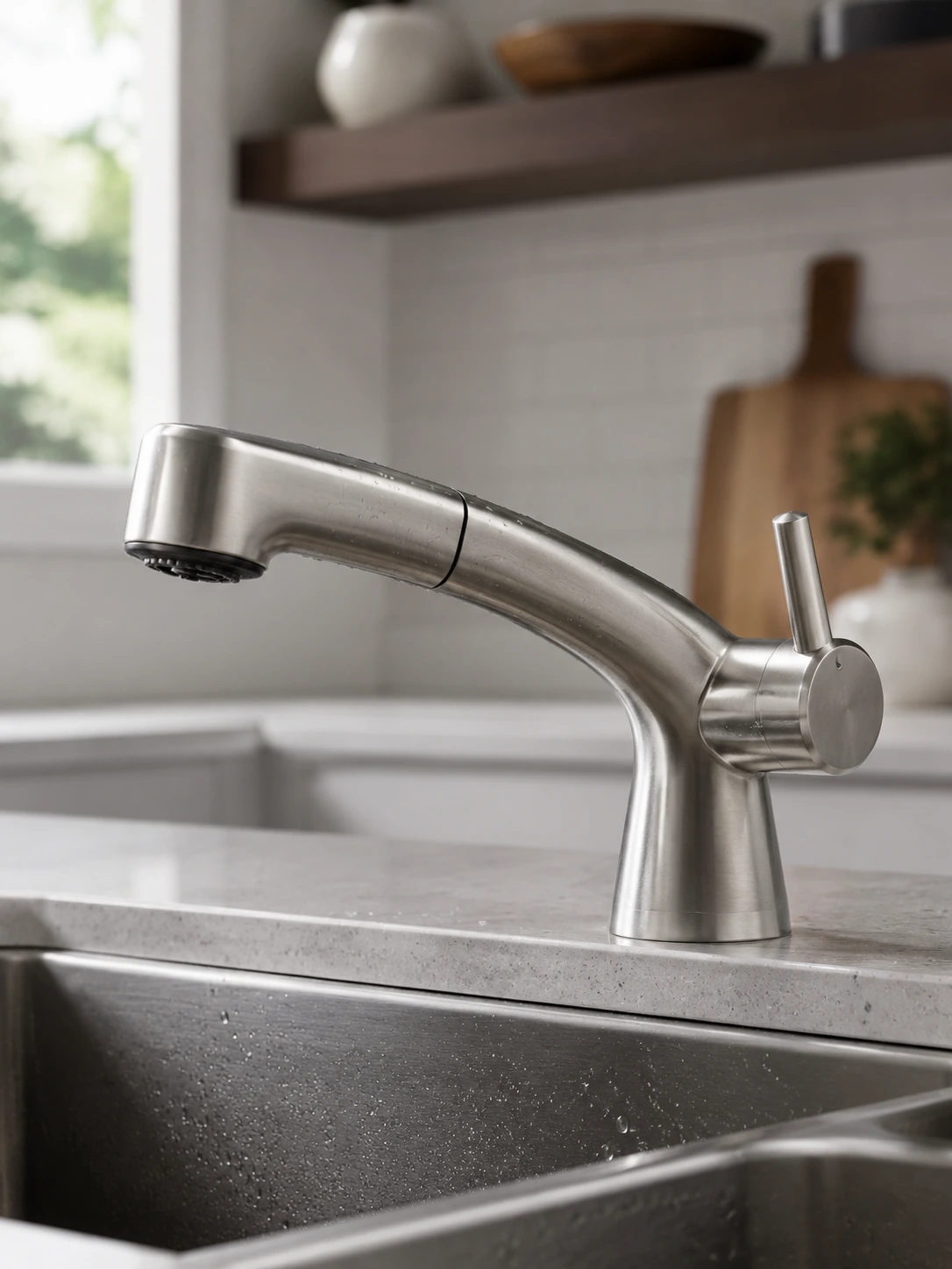 Brushed steel pull-out kitchen faucet over a stainless sink