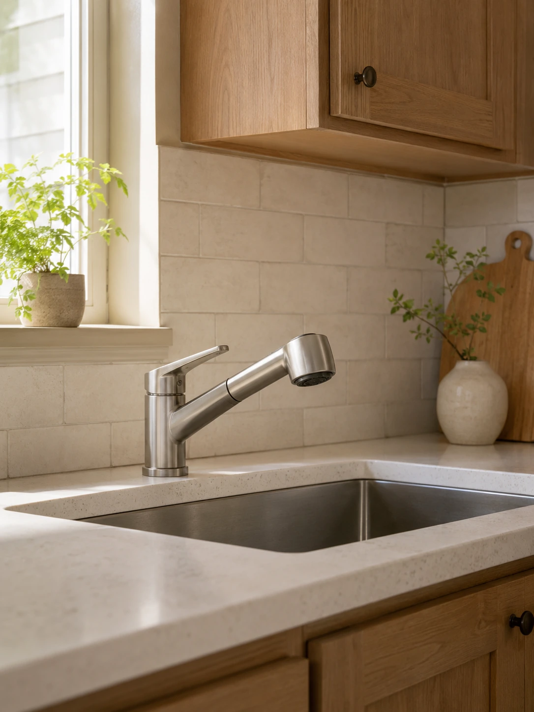 Pull-out kitchen faucet on a pale counter in an oak kitchen