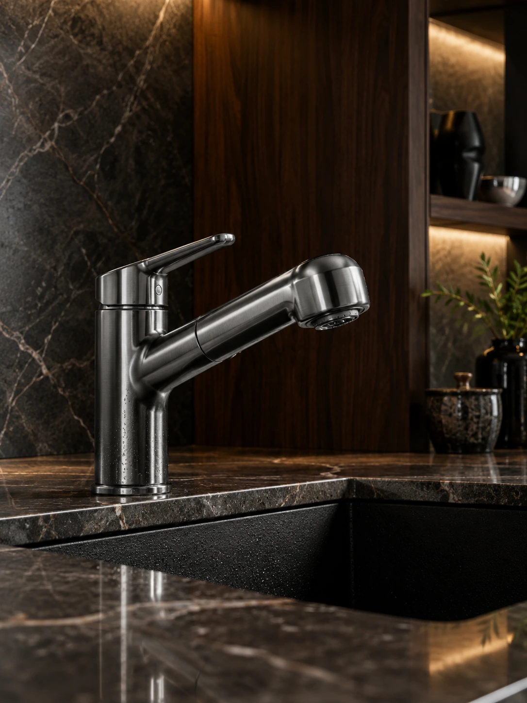 Stainless pull-out faucet in a dark marble kitchen