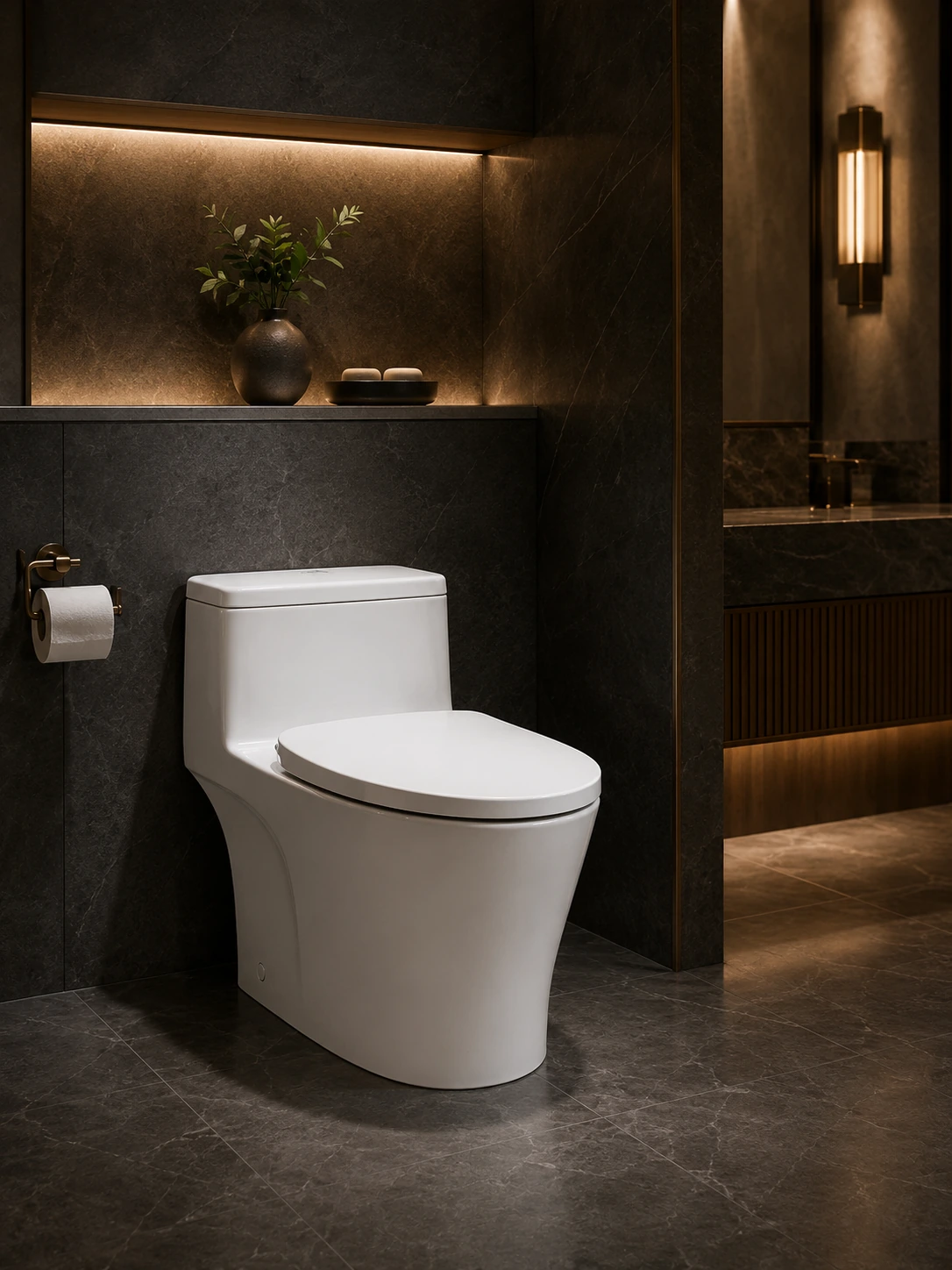White one-piece toilet against a dark stone wall