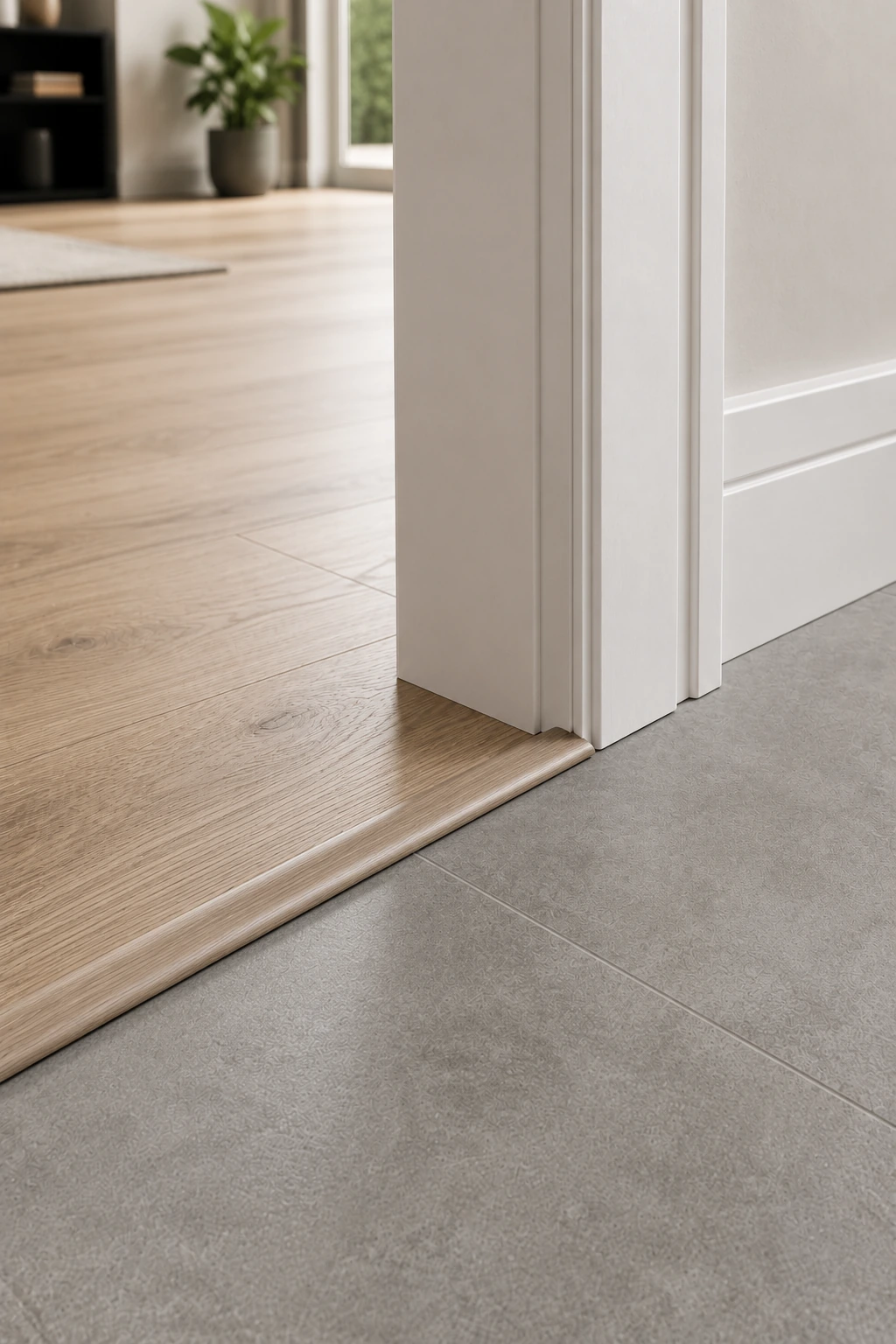 Reducer between wood flooring and grey tile in a doorway