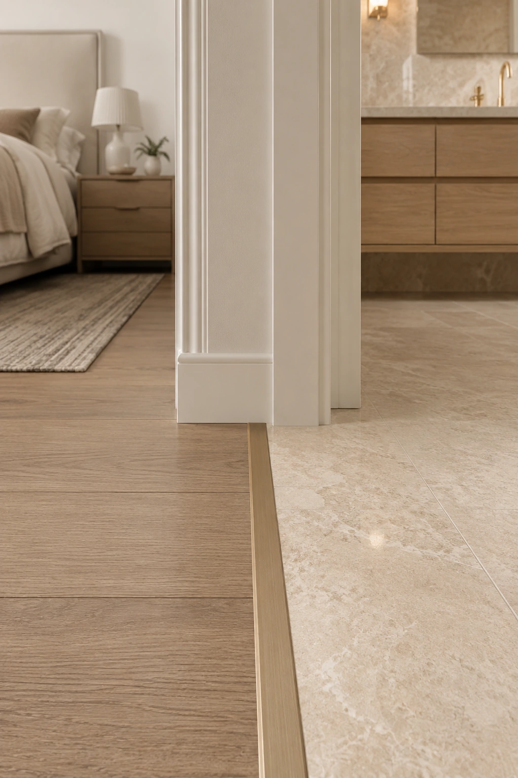 Reducer strip between wood flooring and stone tile at a bedroom doorway