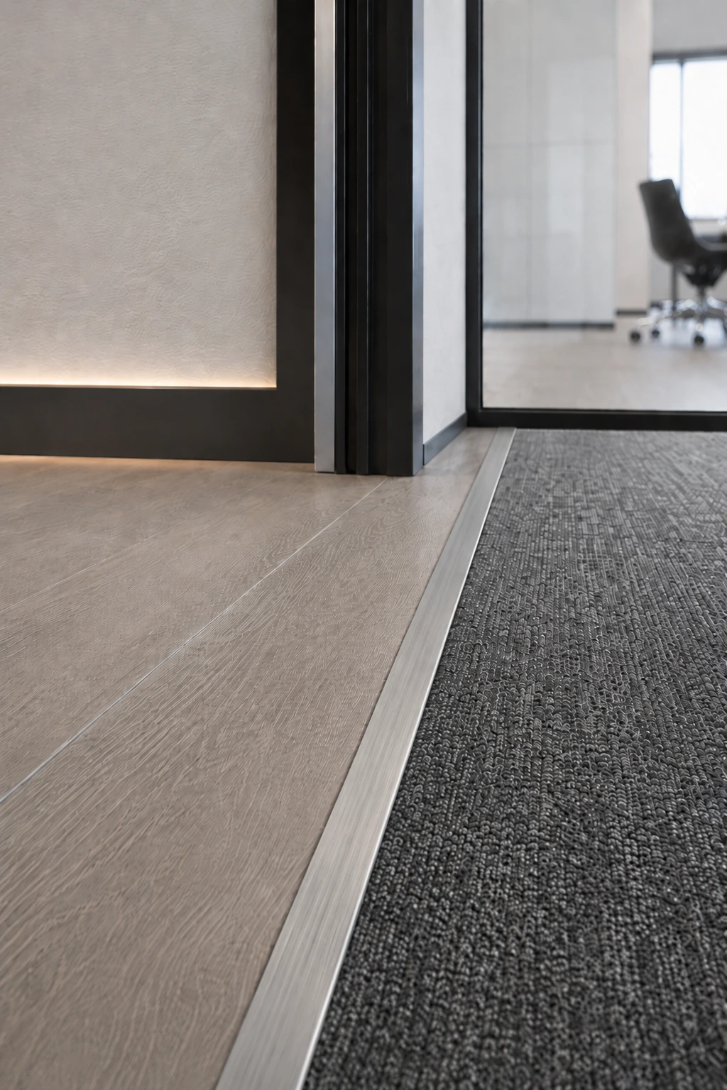 Reducer joining tile to grey carpet in an office doorway