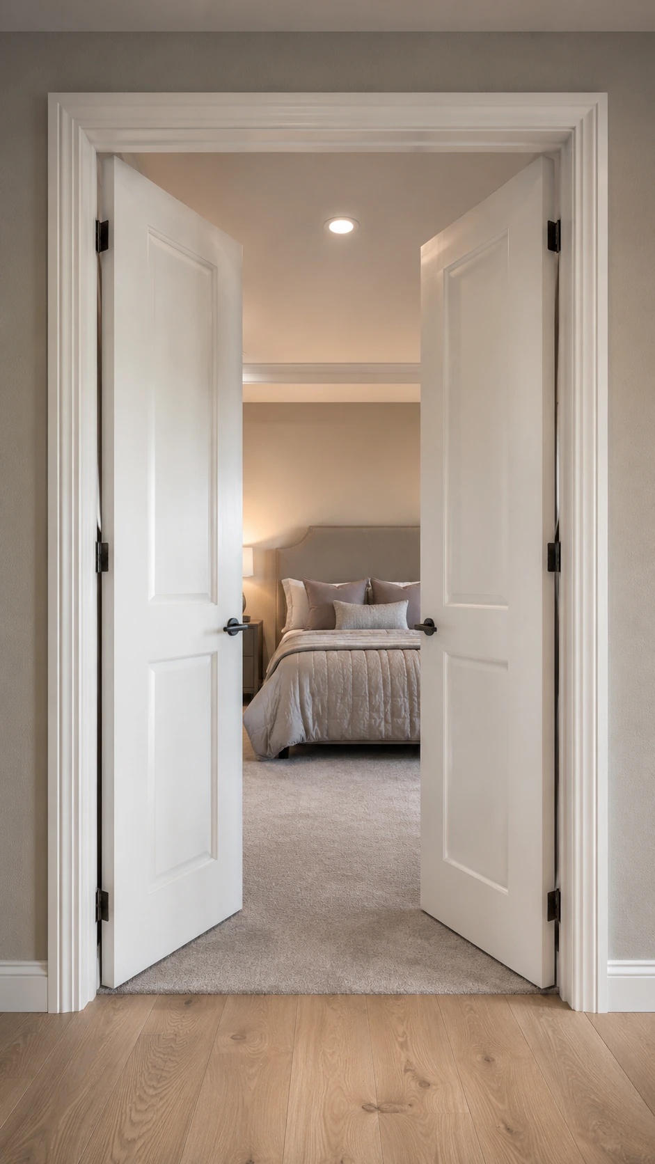 White shaker double doors opened to a bedroom