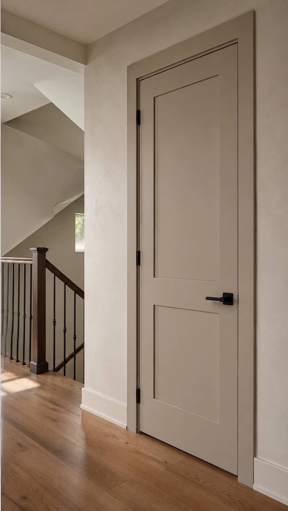 Beige shaker door beside a staircase