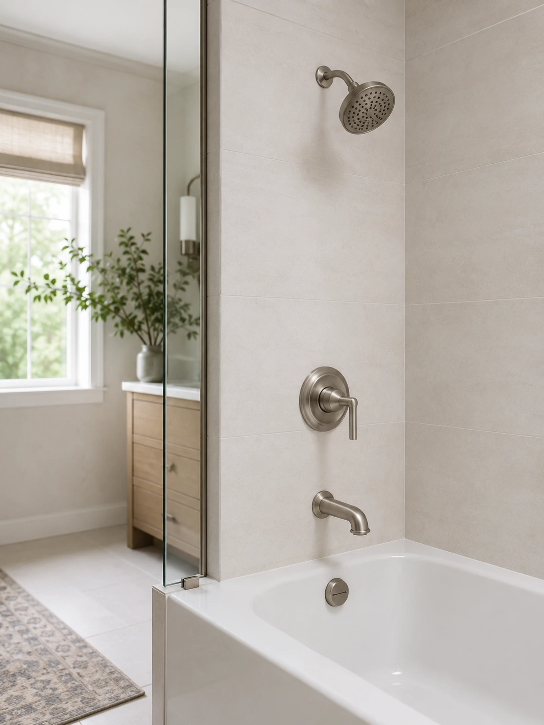 Brushed nickel shower trim over a white bath