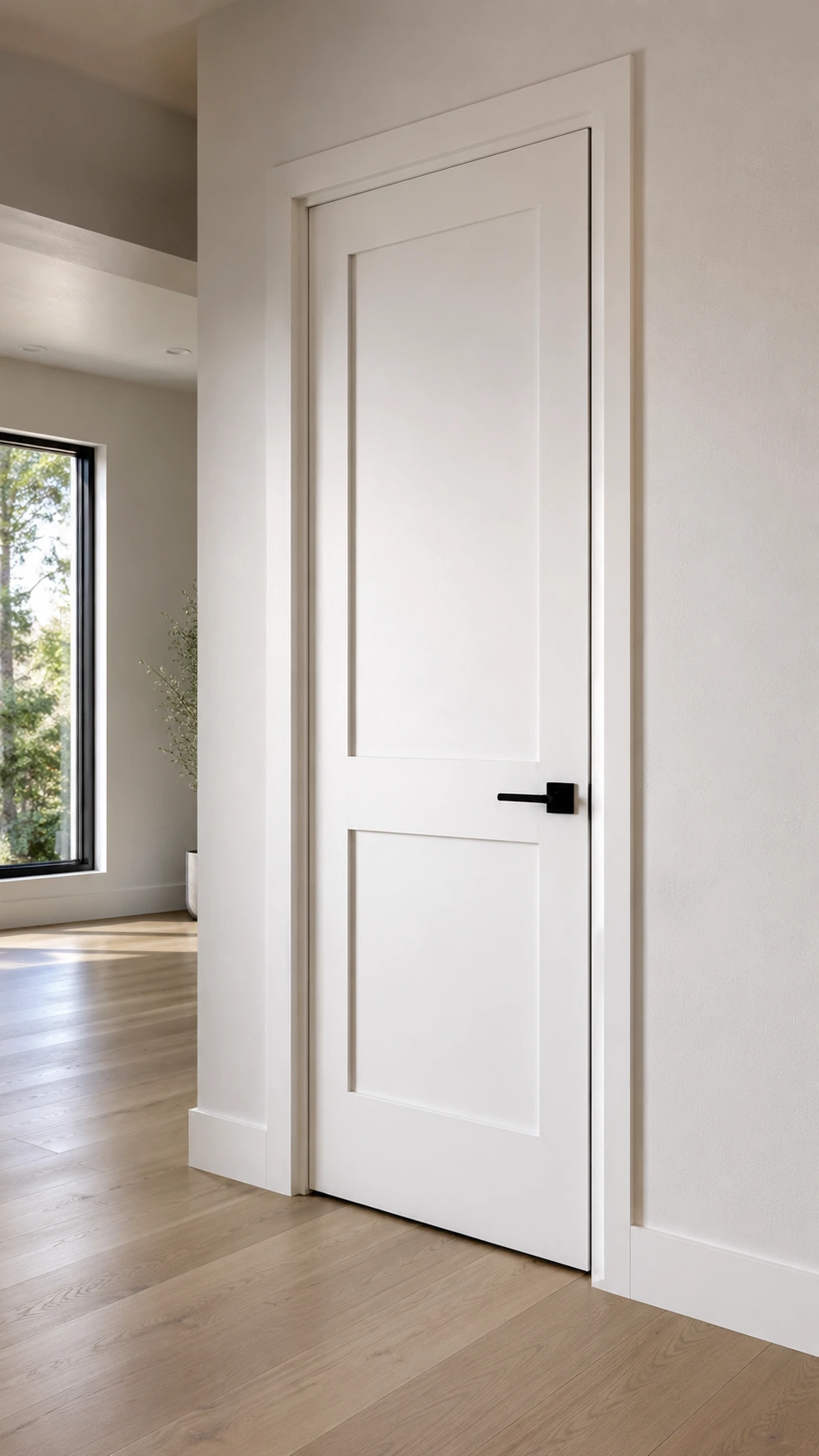 White shaker door with a black lever handle in a hallway