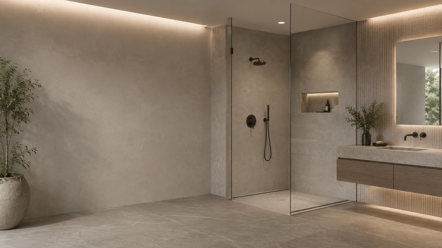 Shower trim kit in the walk-in shower of a stone bathroom