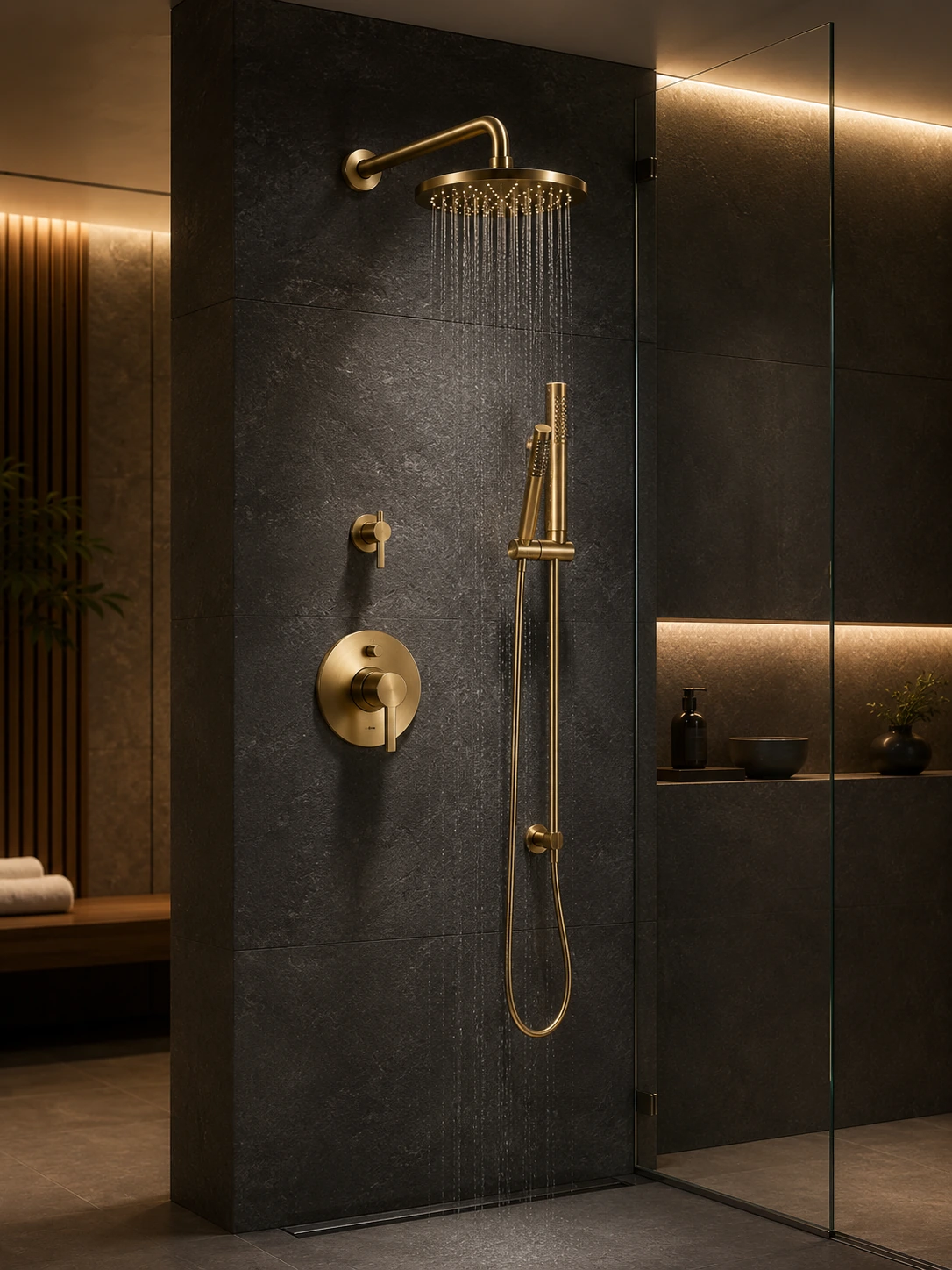 Brass shower trim kit with a handheld on a dark stone wall