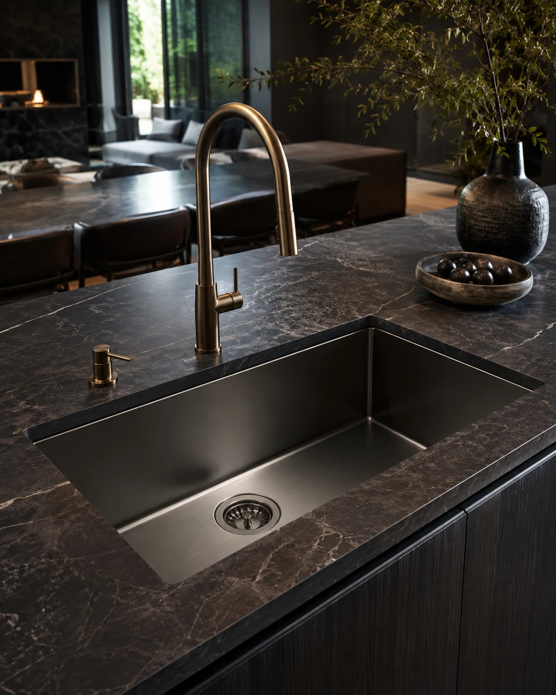 Single bowl sink with a brass faucet in a dark marble counter