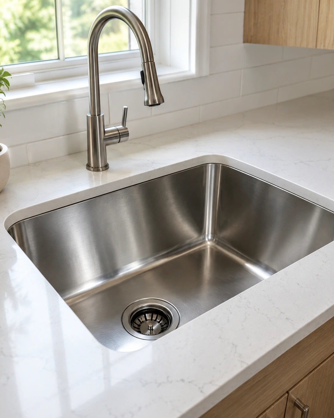 Stainless single bowl undermount sink in a pale stone countertop
