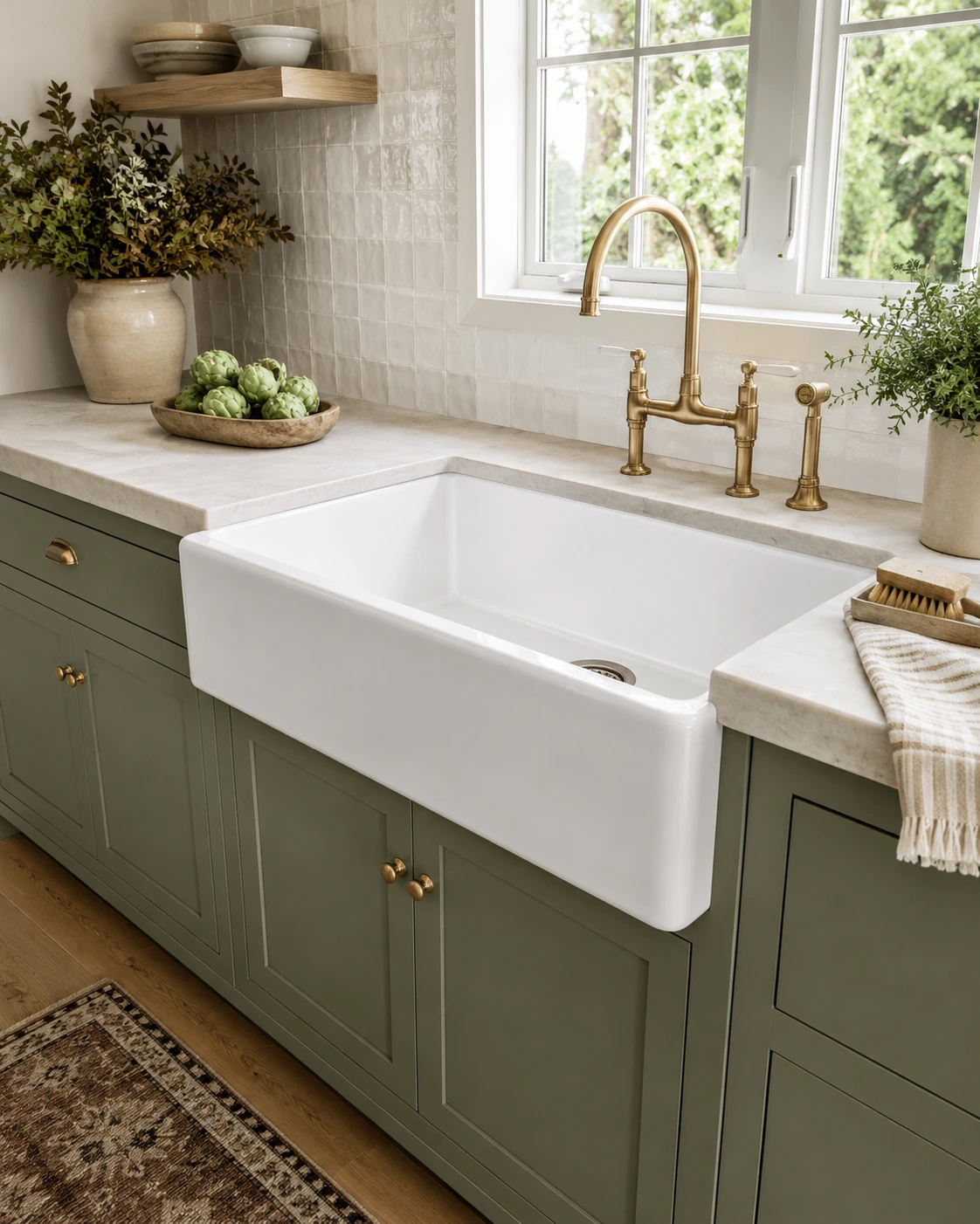 White fireclay single bowl farmhouse sink in a green kitchen