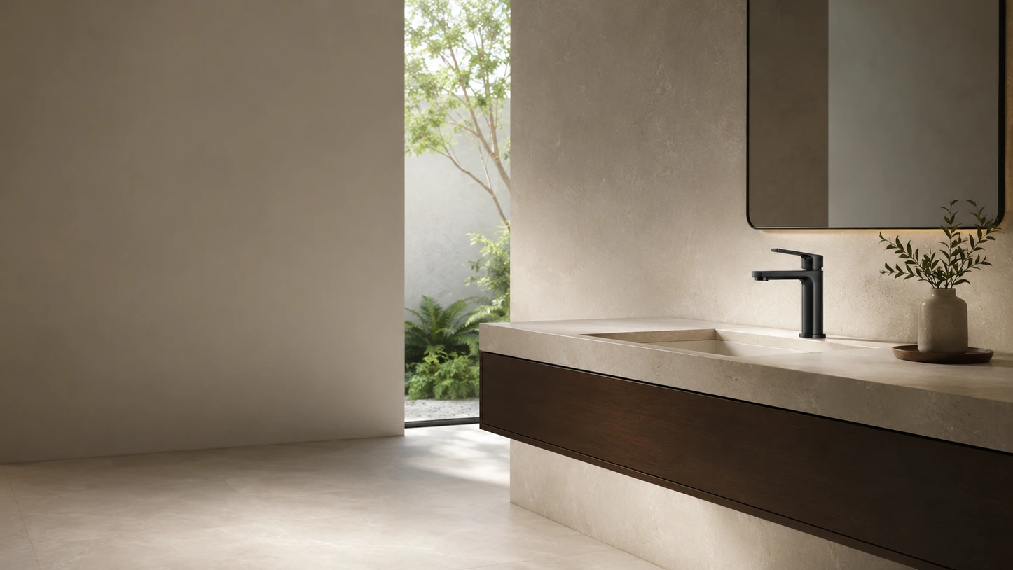 Single handle faucet on a stone basin in a minimal bathroom