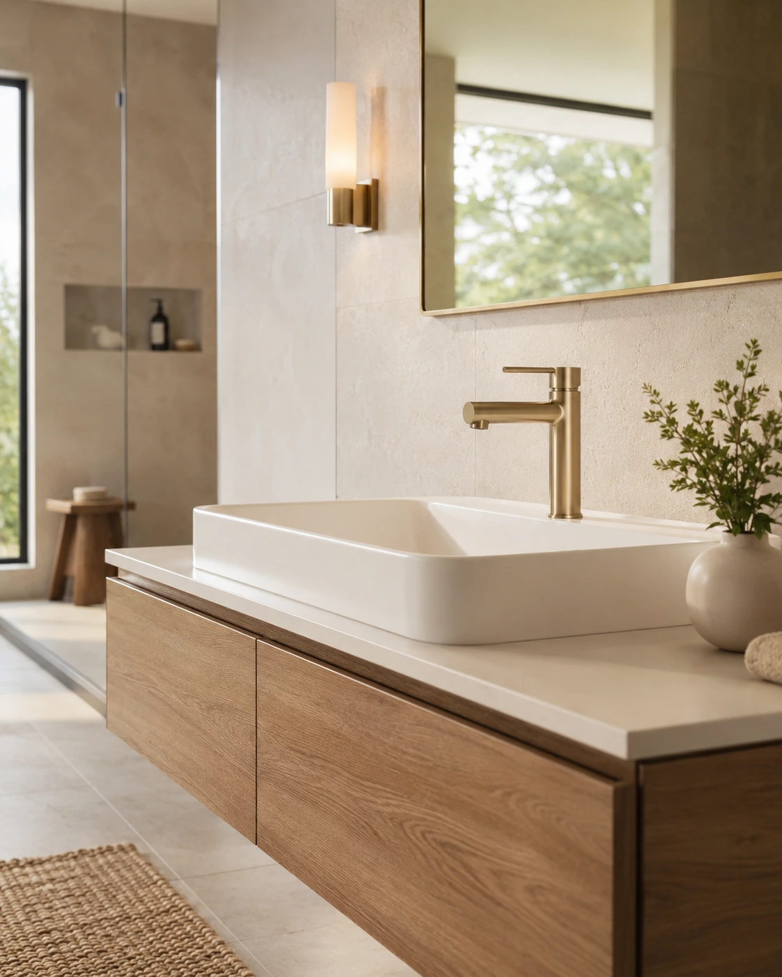 Brass single handle faucet on a vessel basin above an oak vanity
