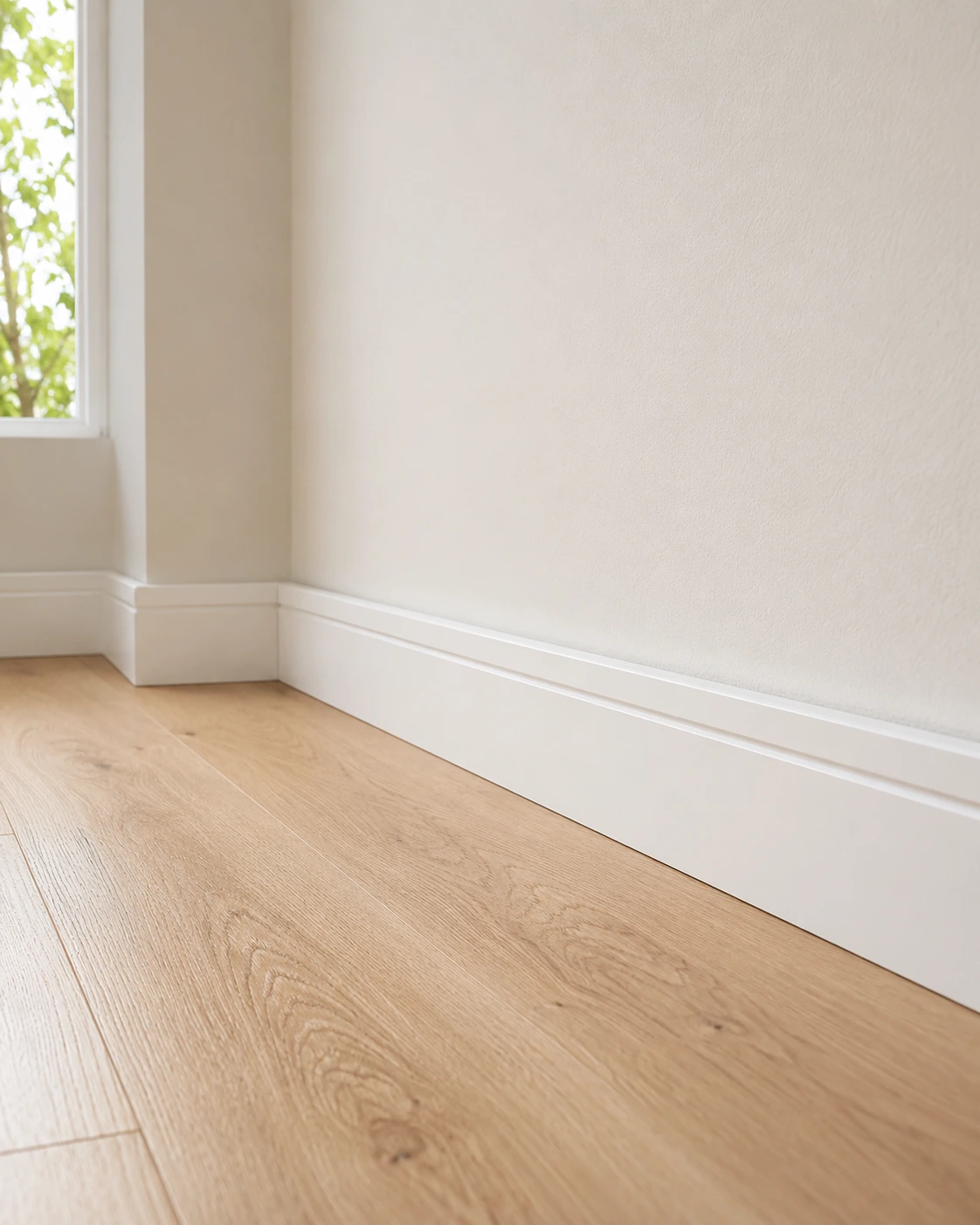 Skirting running along a wall above pale wood flooring
