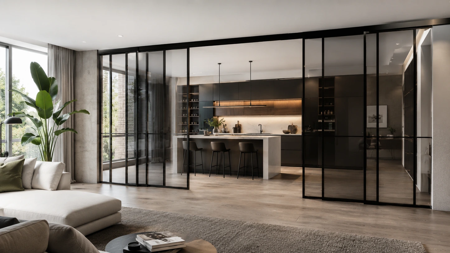 Black-framed glazed sliding doors dividing a living room from a kitchen