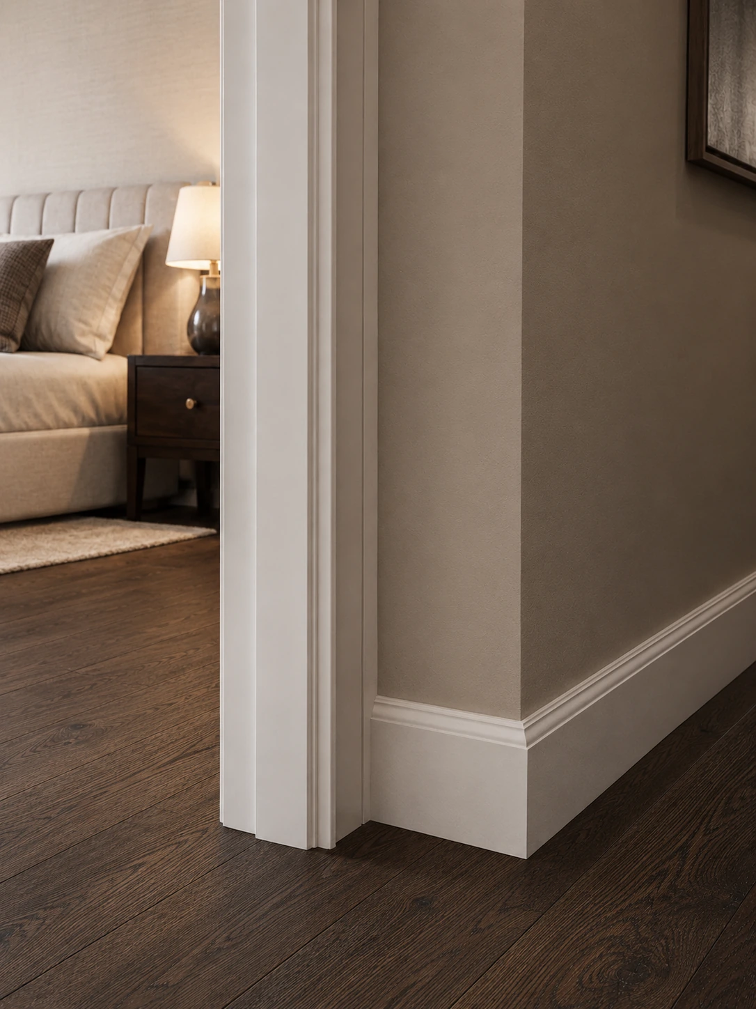 Skirting board at a corner beside a bedroom doorway