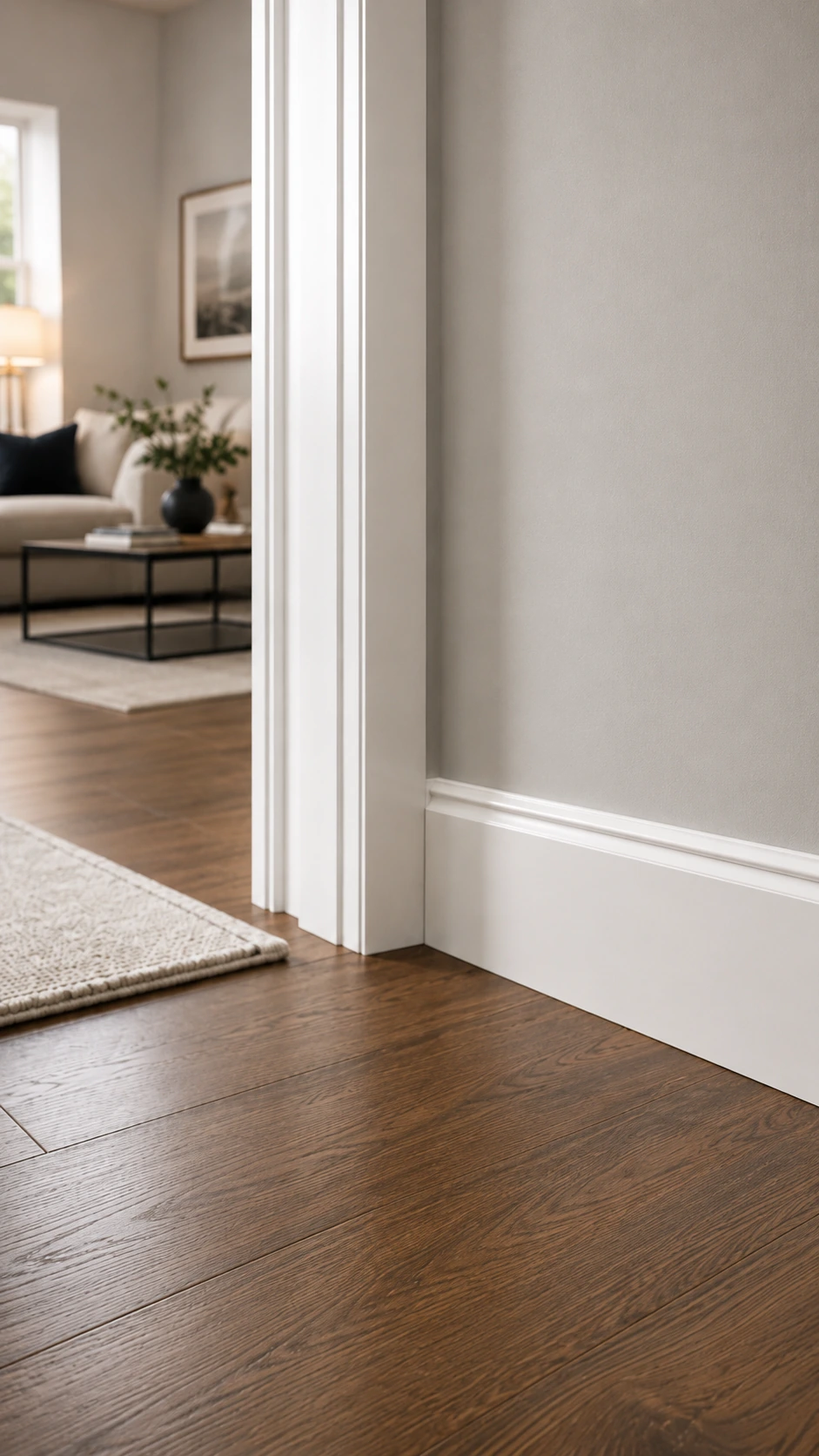 White skirting board where a wall meets dark wood flooring