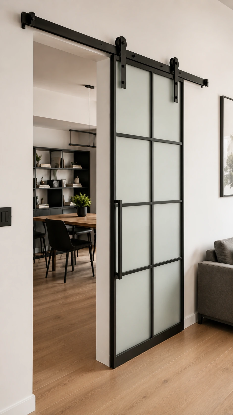 Black-framed frosted glass sliding door on an exposed track