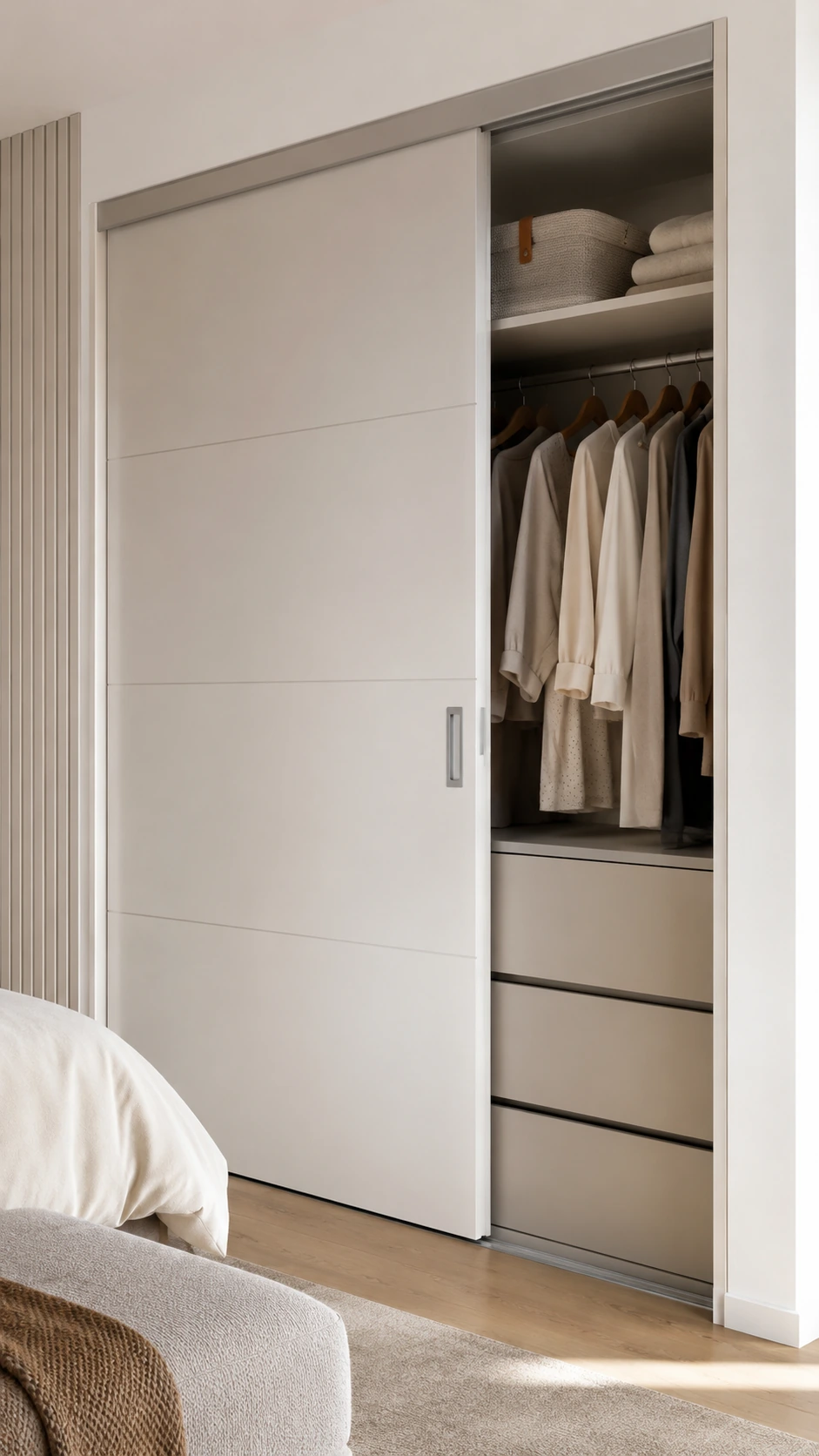 Pocket sliding door open to a bedroom wardrobe