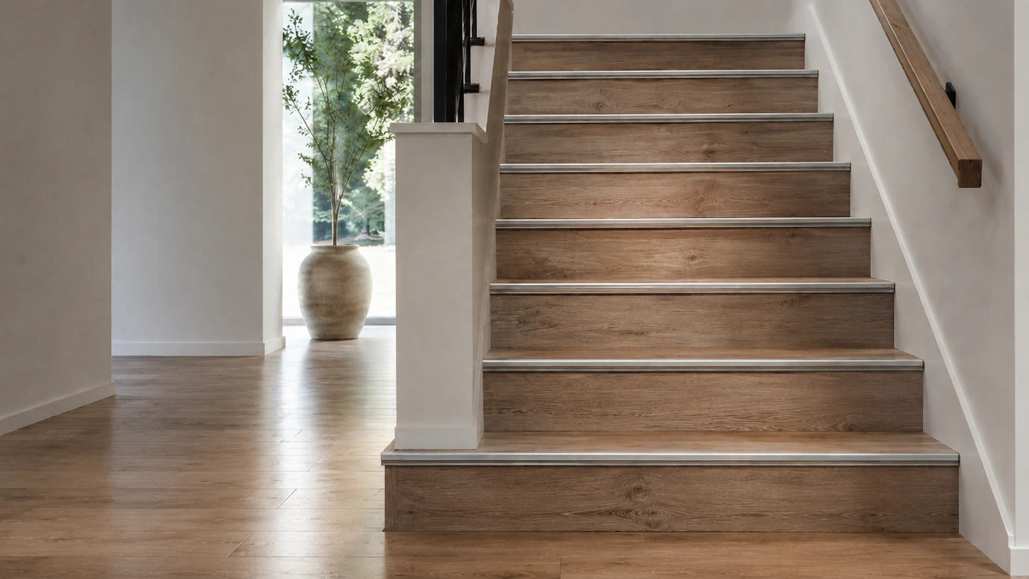 Stair nosing on a wood staircase beside a hallway