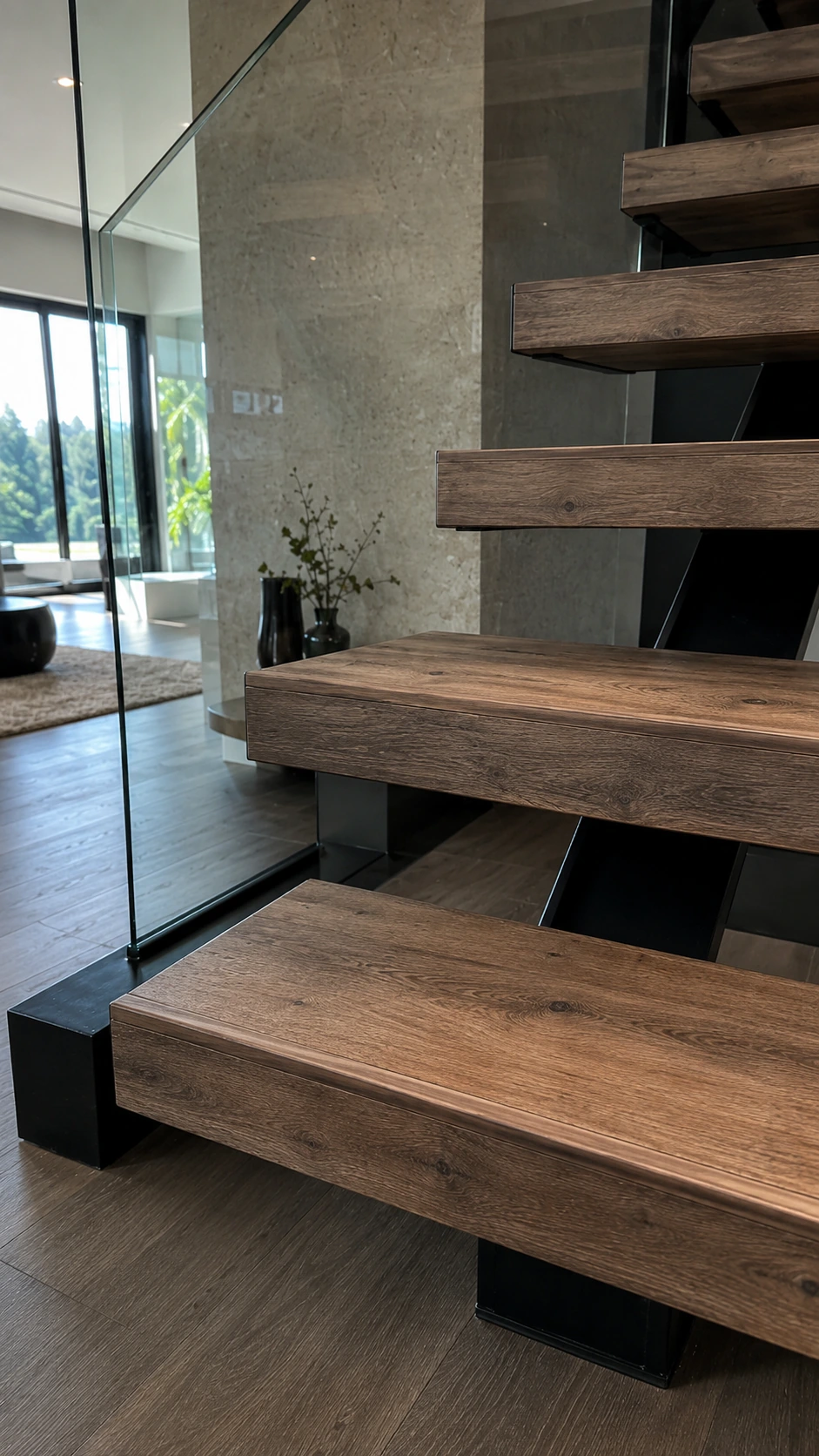 Wood stair nosing on the open treads of a floating staircase