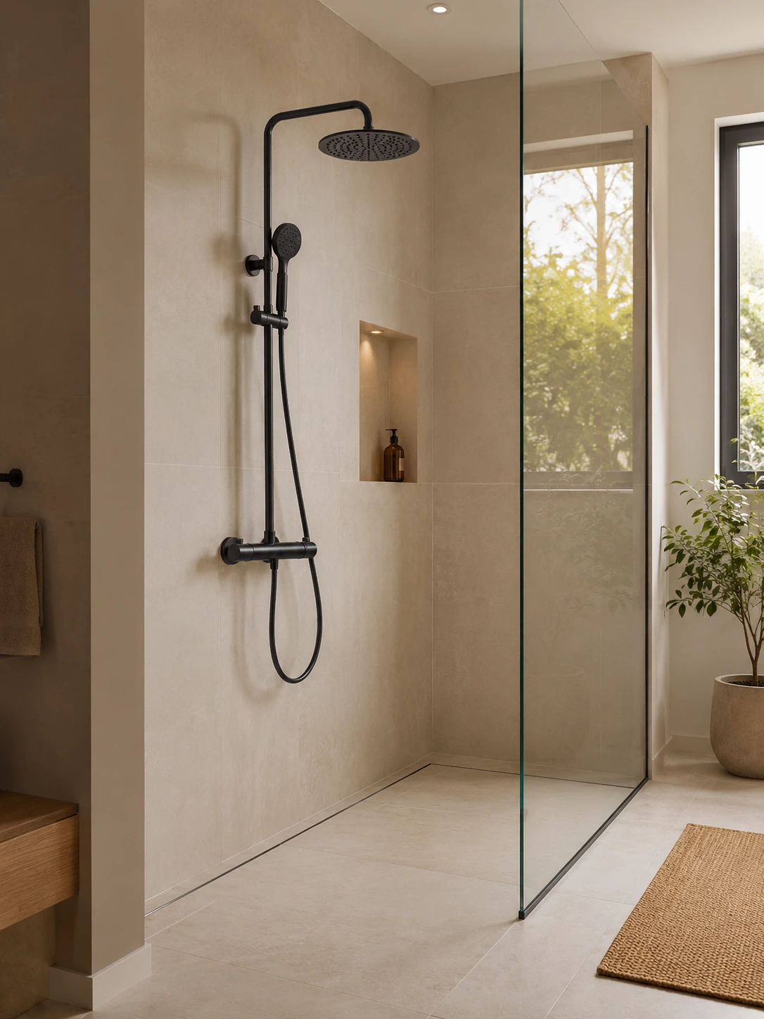Matte black thermostatic shower system in a walk-in shower