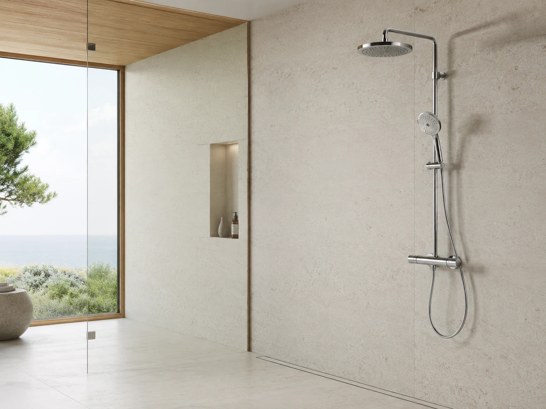 Thermostatic shower system in a walk-in shower with a sea view