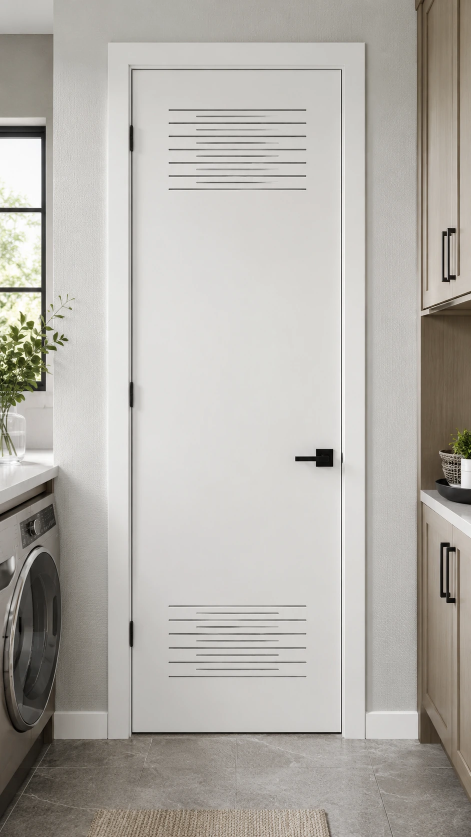 White ventilated door with louvre slots beside a laundry