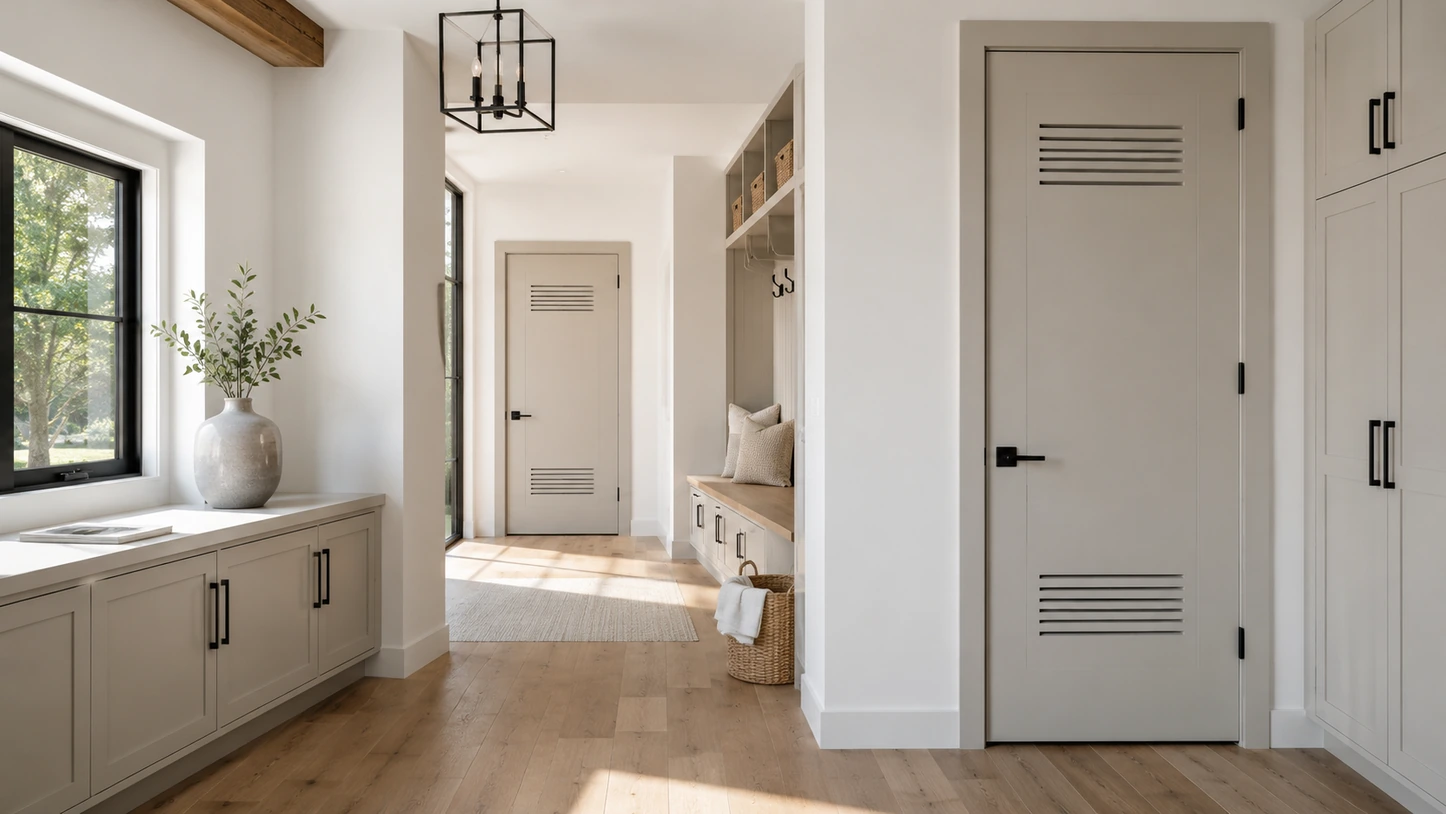 Ventilated doors along a hallway with a bench and storage
