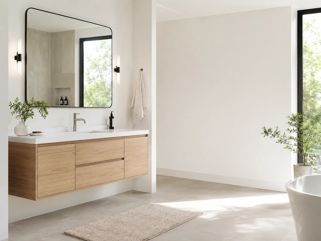Double vanity sinks on a wood floating cabinet in a bright bathroom