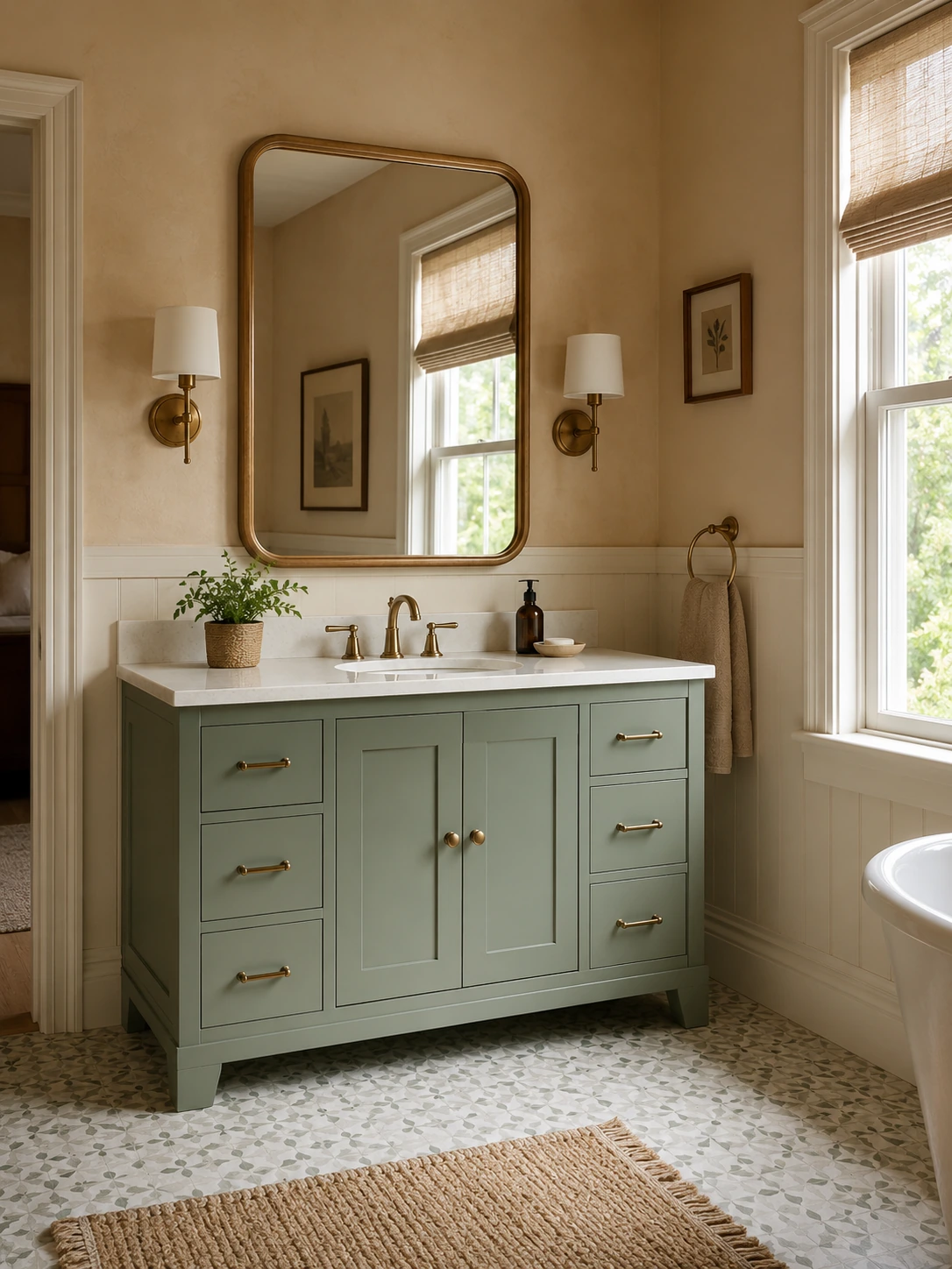 Vanity sink on a green cabinet with a brass faucet