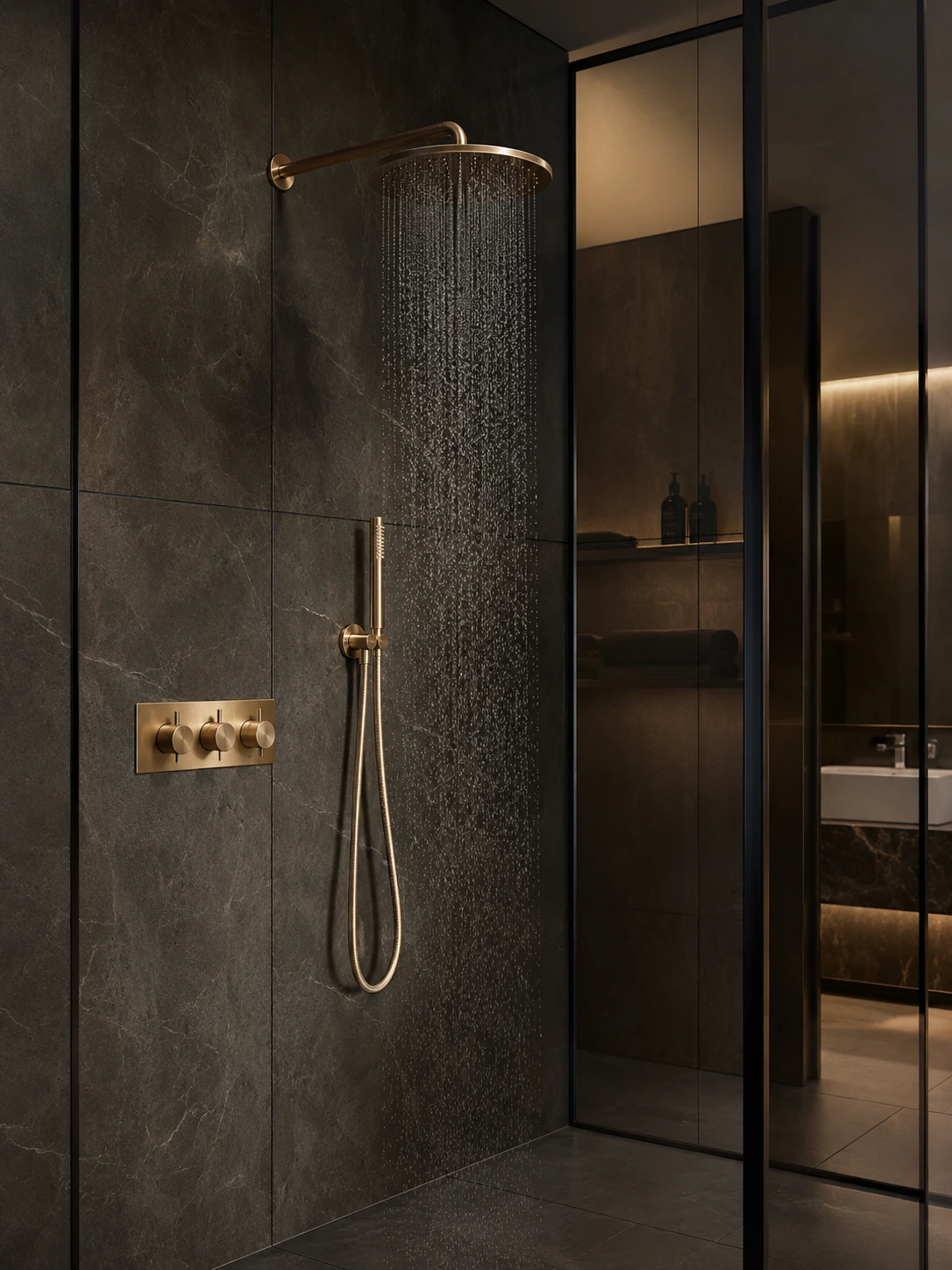 Brass thermostatic shower system on a dark stone shower wall