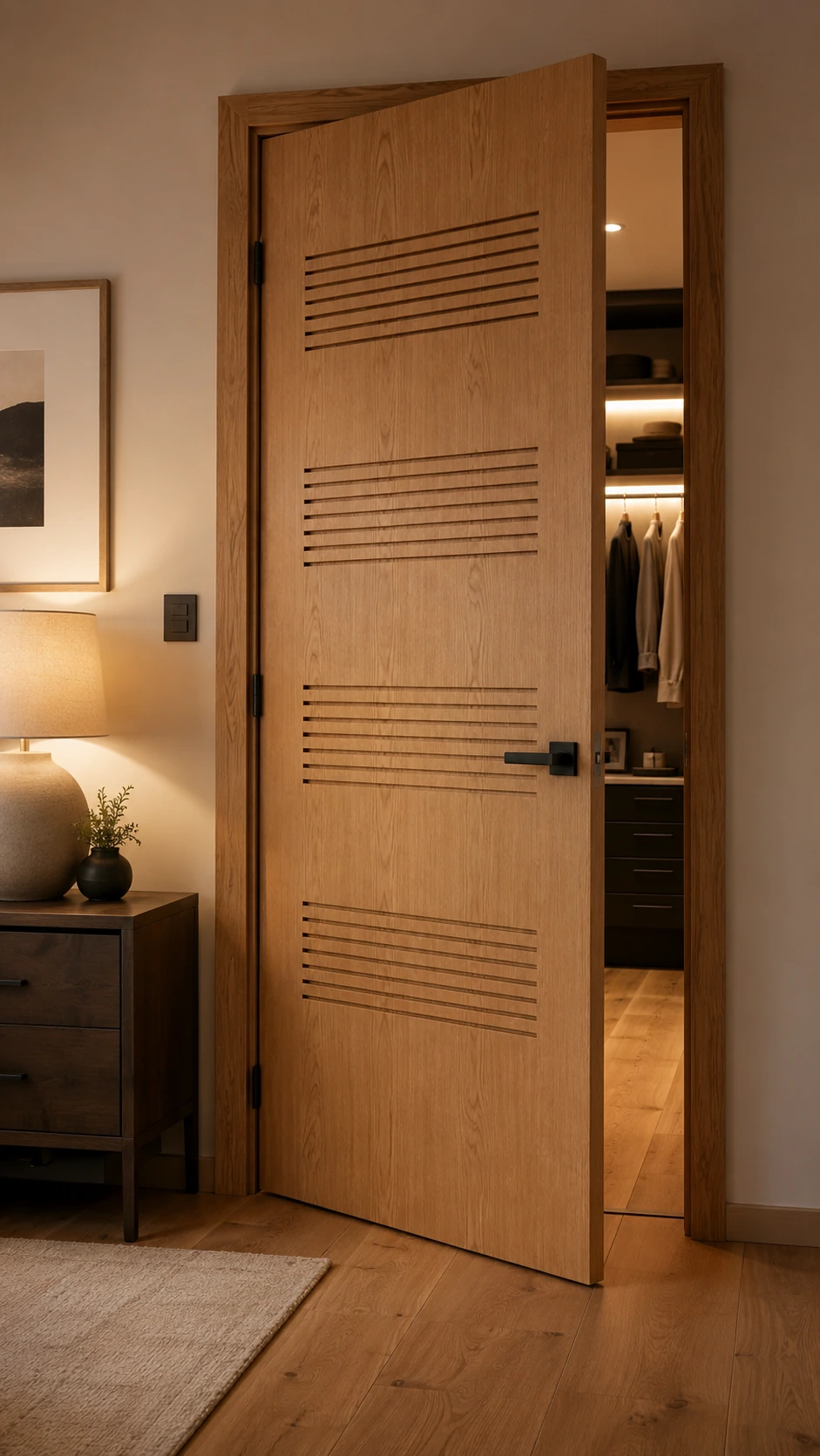 Oak ventilated door open to a walk-in closet