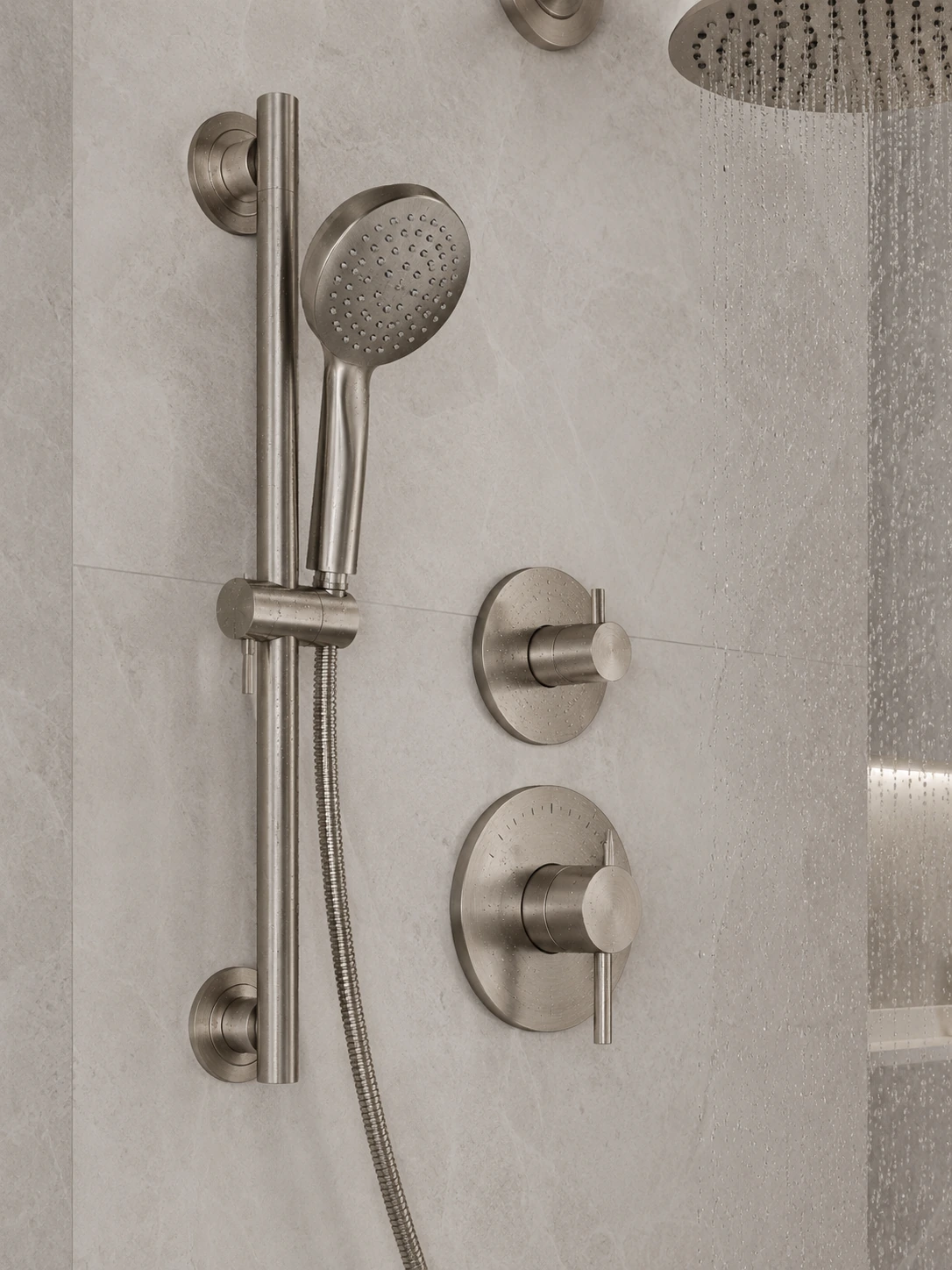 Brushed nickel thermostatic shower system with a handheld and controls